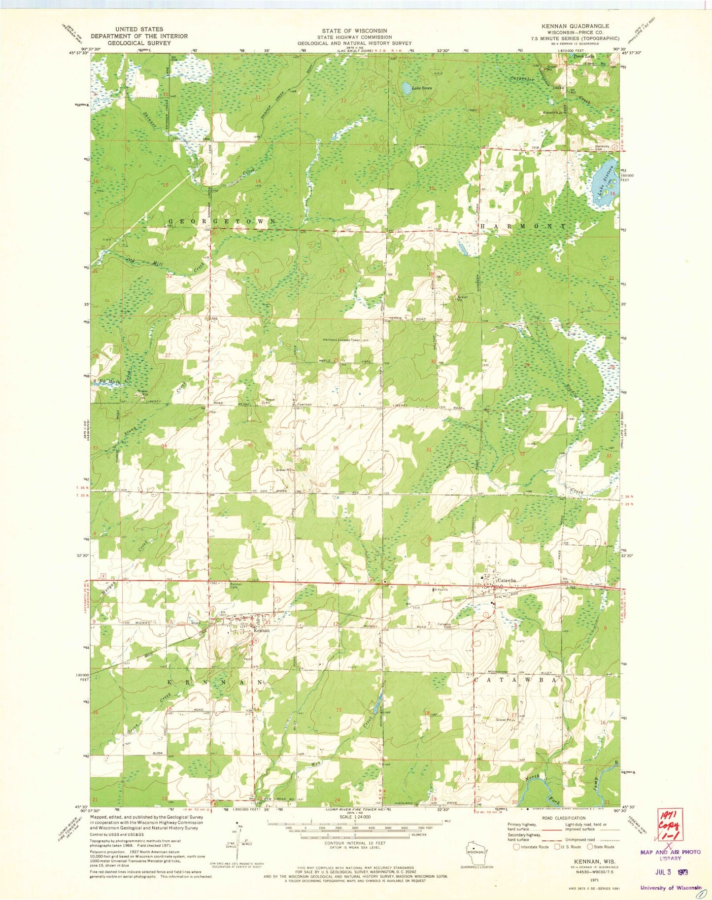 Classic USGS Kennan Wisconsin 7.5'x7.5' Topo Map Image