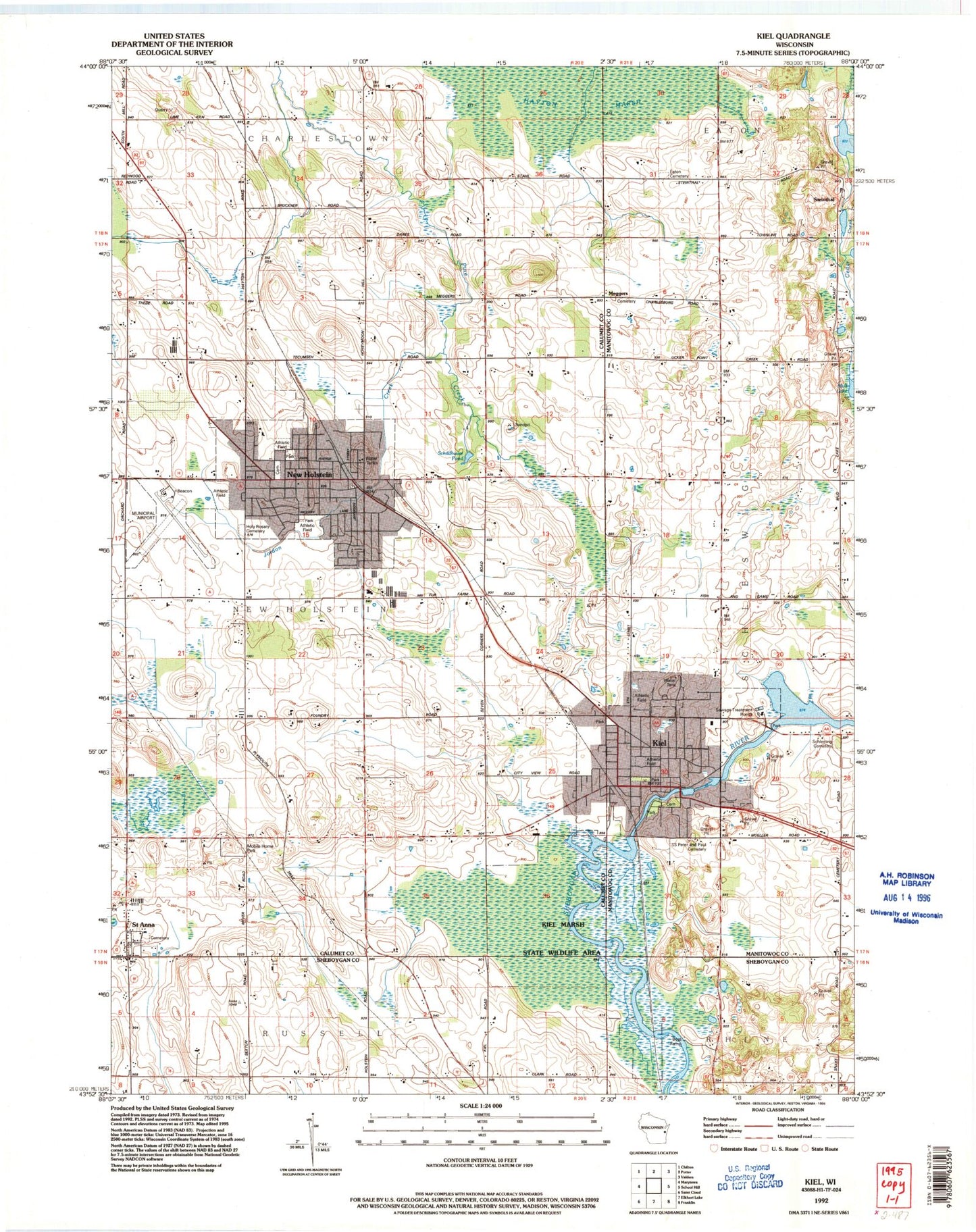 Classic USGS Kiel Wisconsin 7.5'x7.5' Topo Map Image