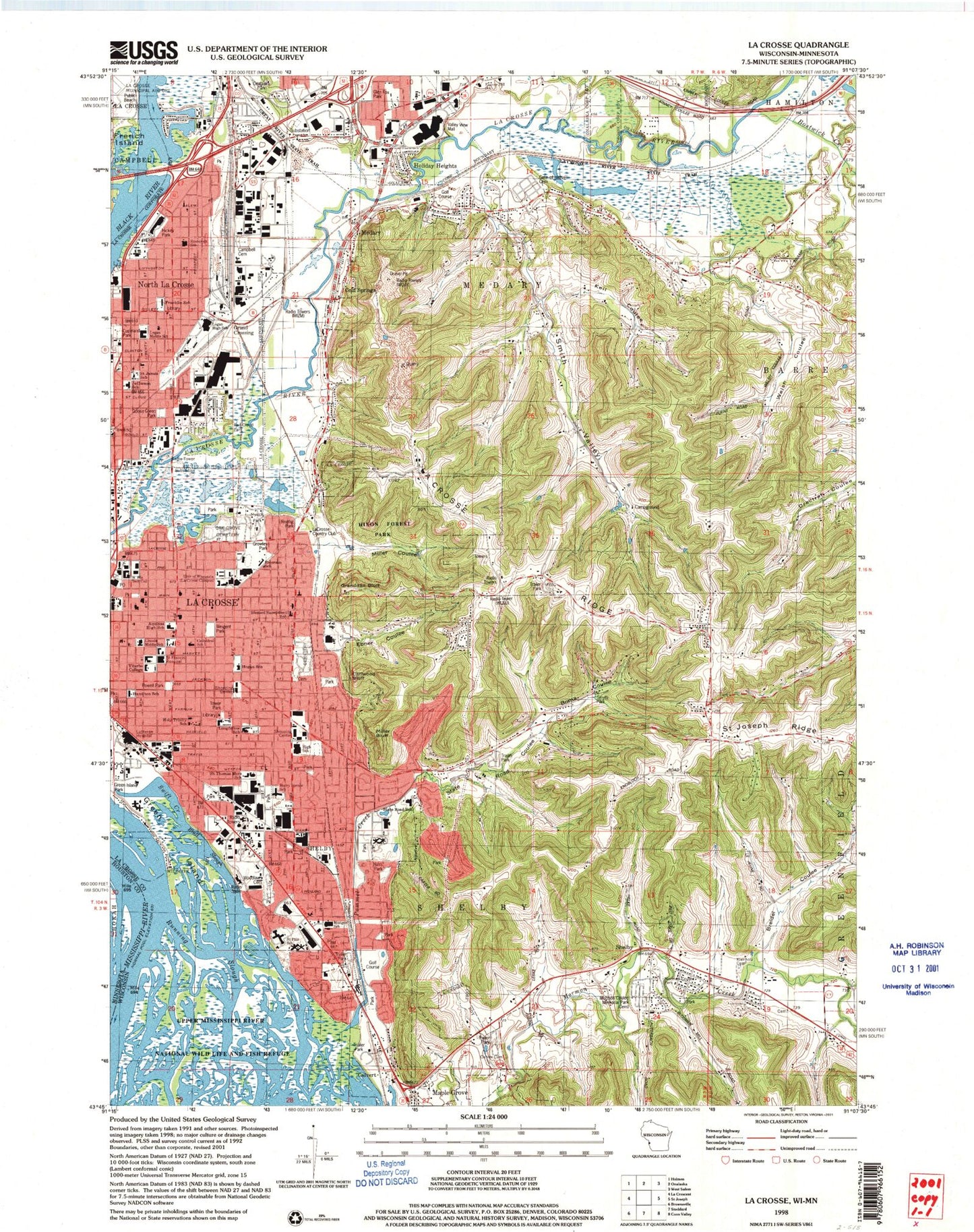 Classic USGS La Crosse Wisconsin 7.5'x7.5' Topo Map Image