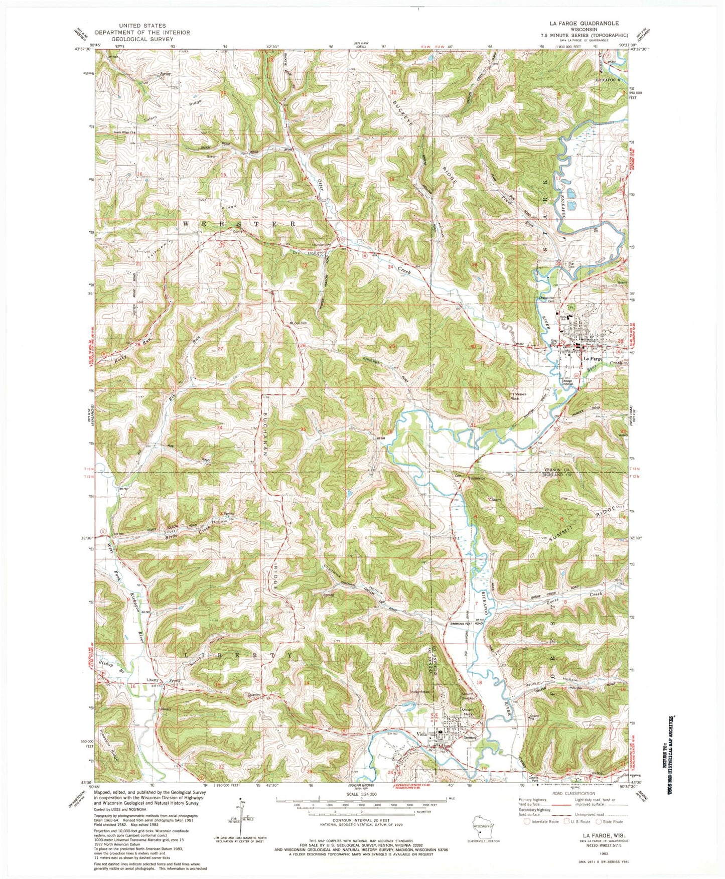 Classic USGS La Farge Wisconsin 7.5'x7.5' Topo Map Image