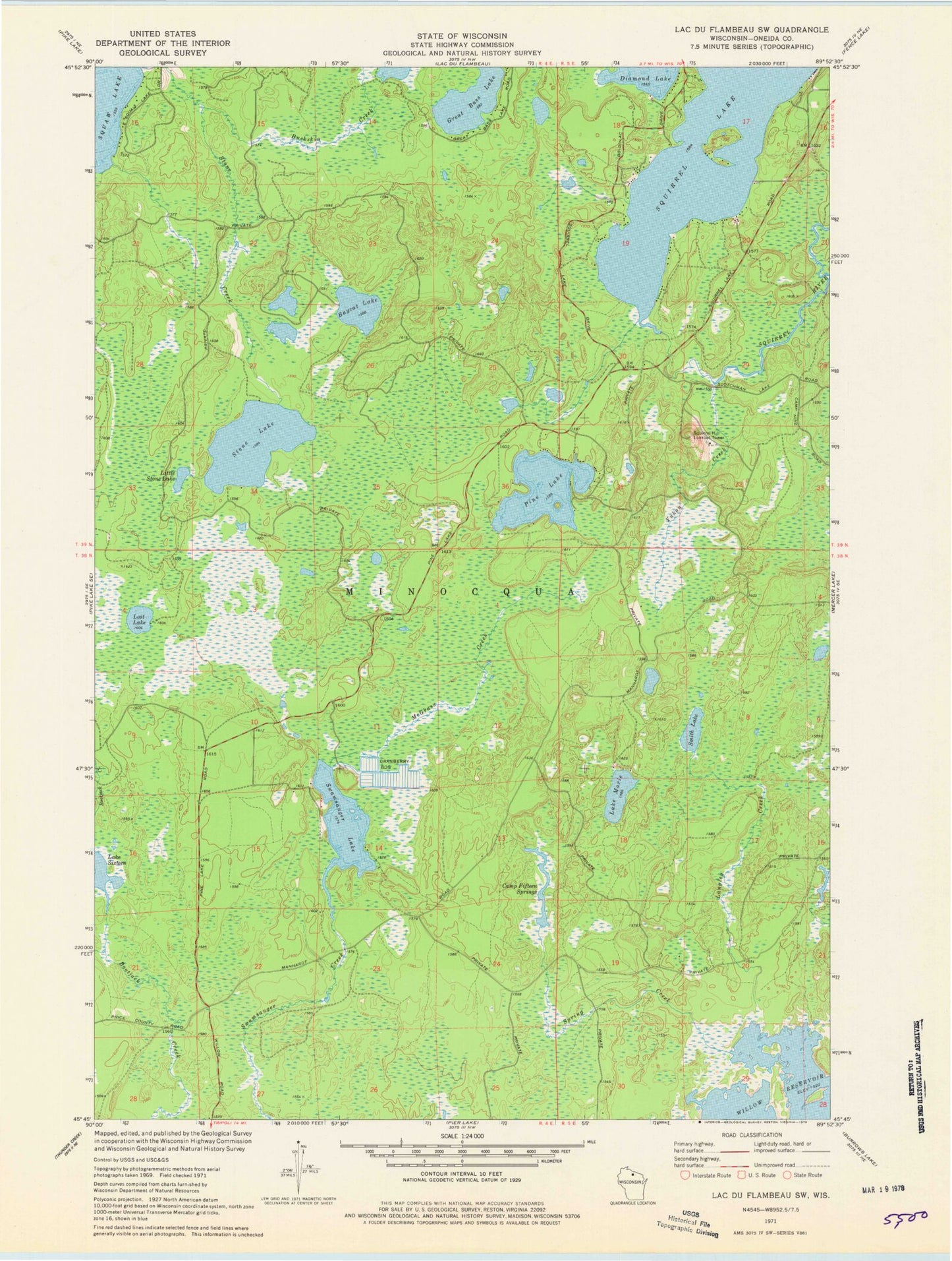 Classic USGS Lac du Flambeau SW Wisconsin 7.5'x7.5' Topo Map Image