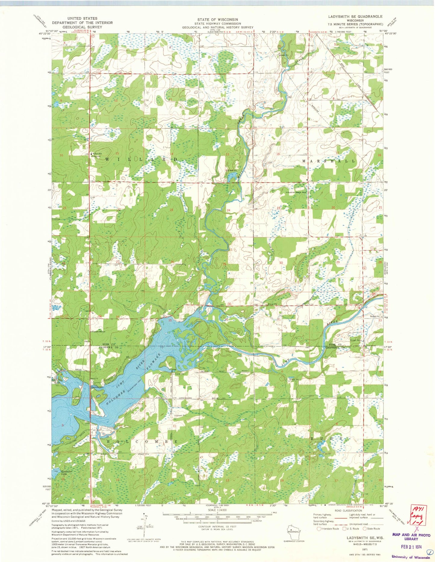 Classic USGS Ladysmith SE Wisconsin 7.5'x7.5' Topo Map Image