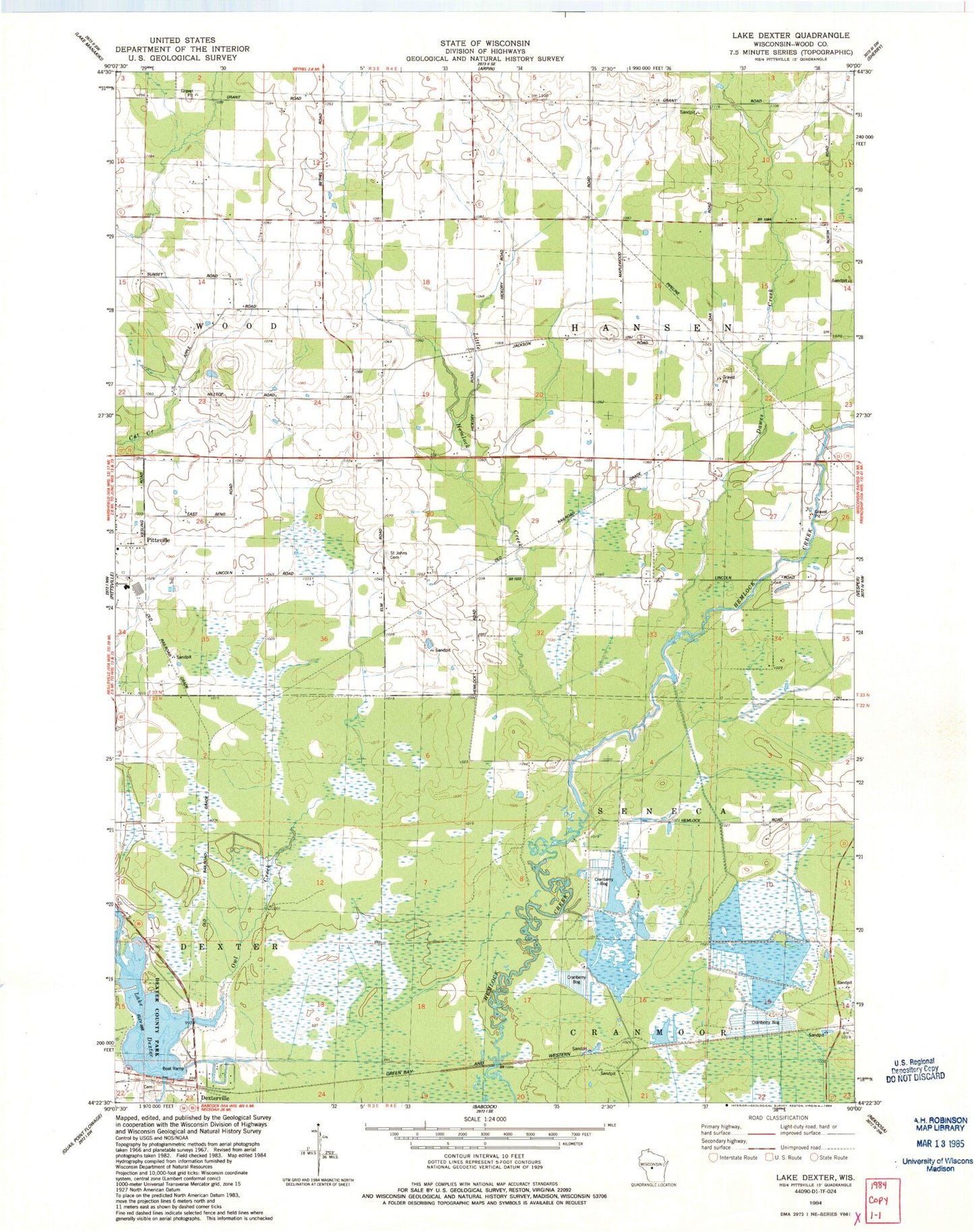 Classic USGS Lake Dexter Wisconsin 7.5'x7.5' Topo Map Image