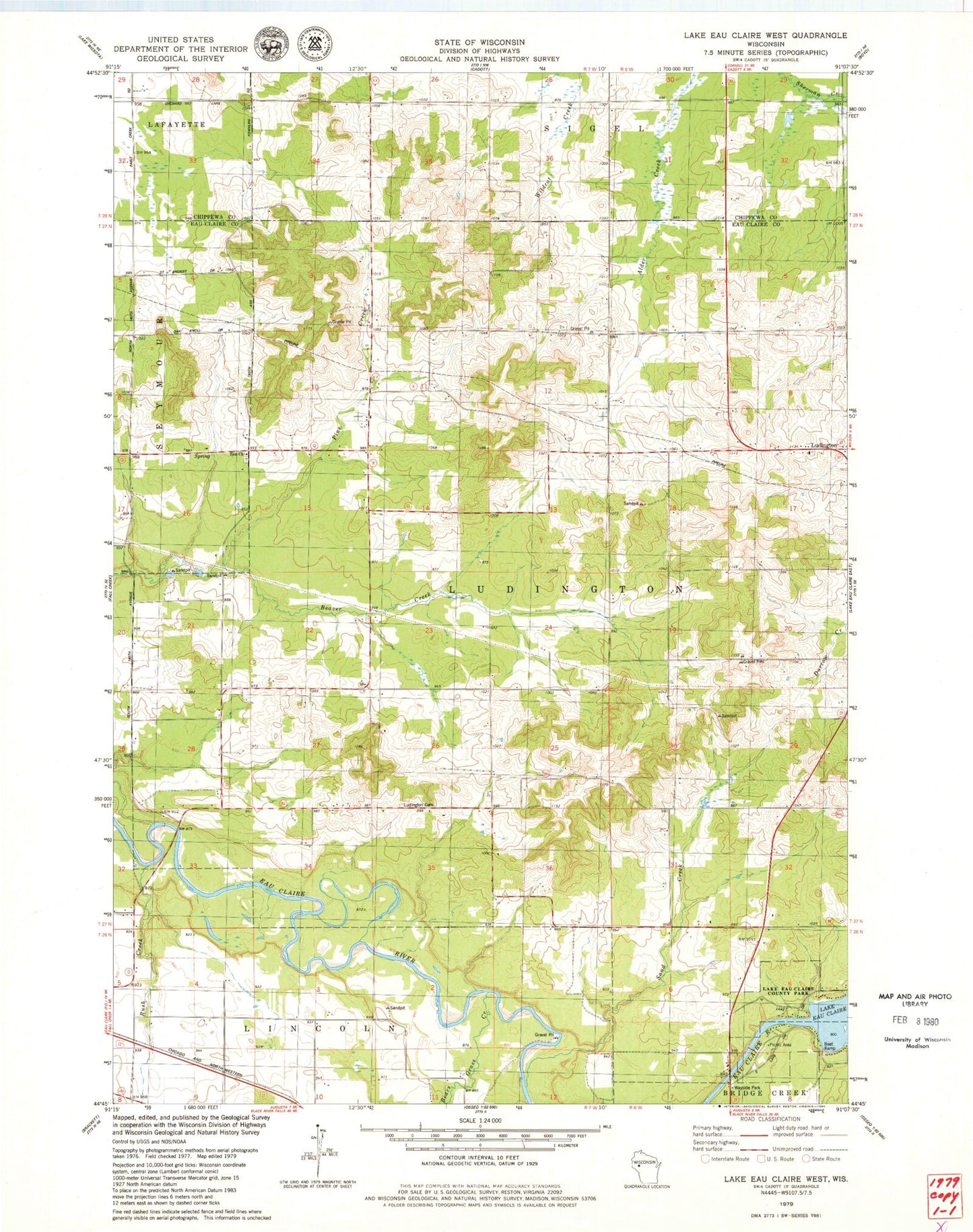 Classic USGS Lake Eau Claire West Wisconsin 7.5'x7.5' Topo Map Image