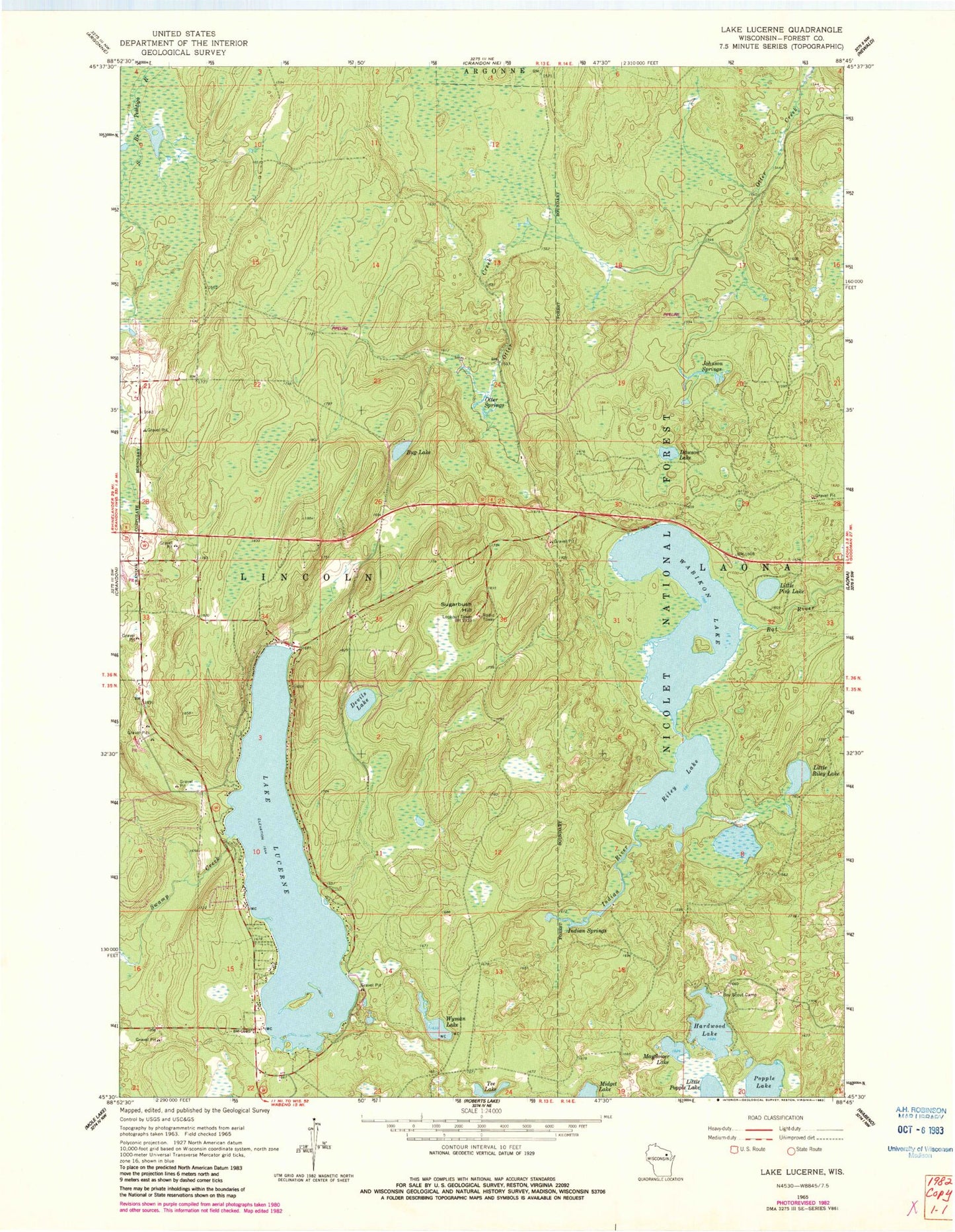 Classic USGS Lake Lucerne Wisconsin 7.5'x7.5' Topo Map Image