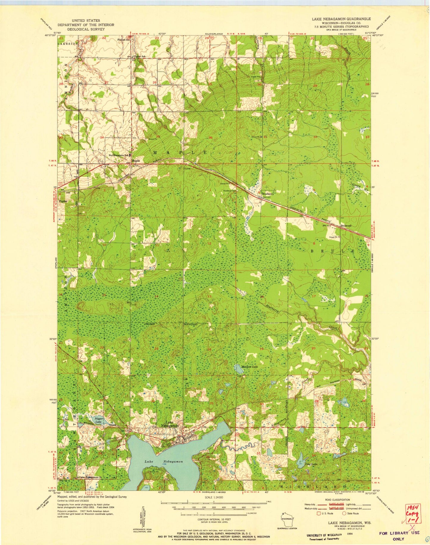 Classic USGS Lake Nebagamon Wisconsin 7.5'x7.5' Topo Map Image