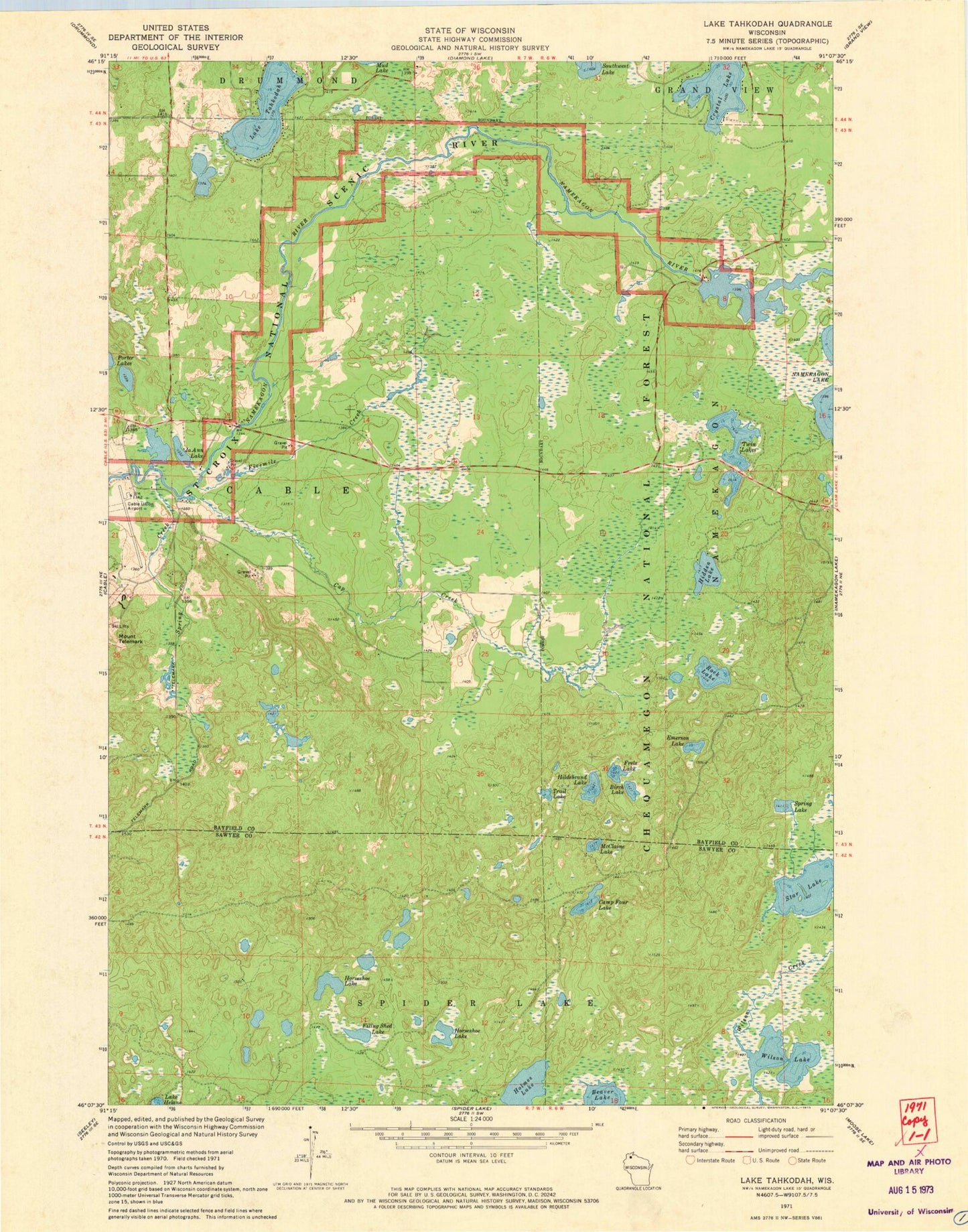 Classic USGS Lake Tahkodah Wisconsin 7.5'x7.5' Topo Map Image