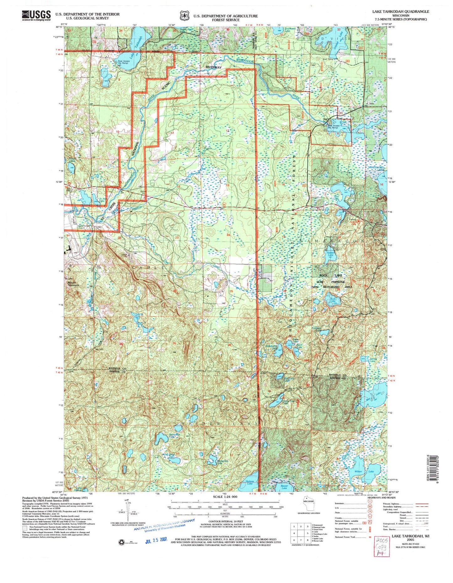 Classic USGS Lake Tahkodah Wisconsin 7.5'x7.5' Topo Map Image