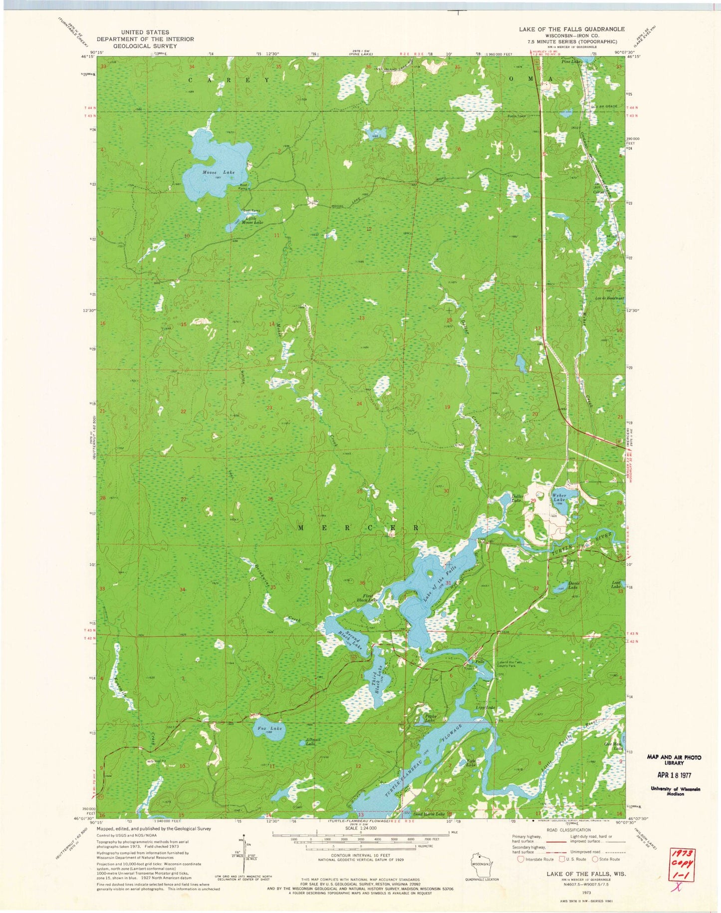Classic USGS Lake of the Falls Wisconsin 7.5'x7.5' Topo Map Image
