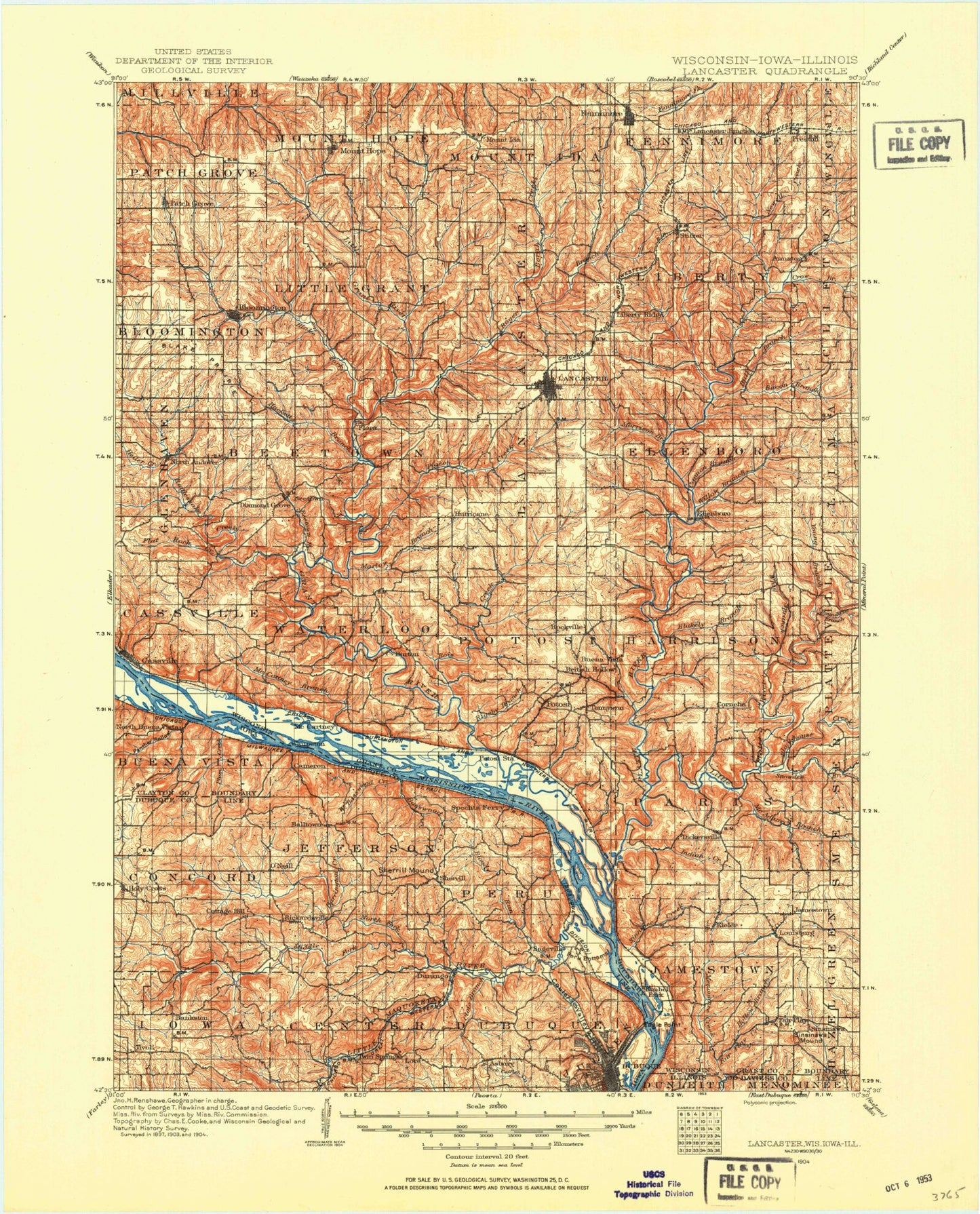 Historic 1904 Lancaster Wisconsin 30'x30' Topo Map Image