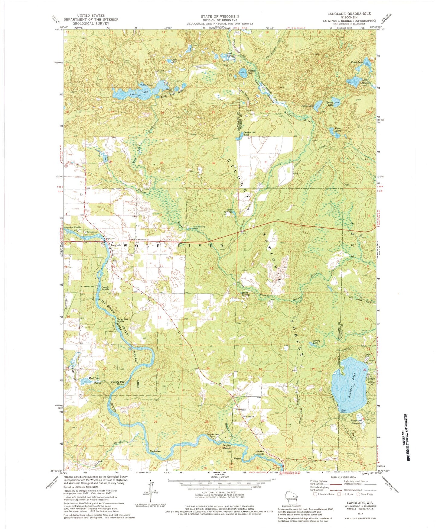 Classic USGS Langlade Wisconsin 7.5'x7.5' Topo Map Image