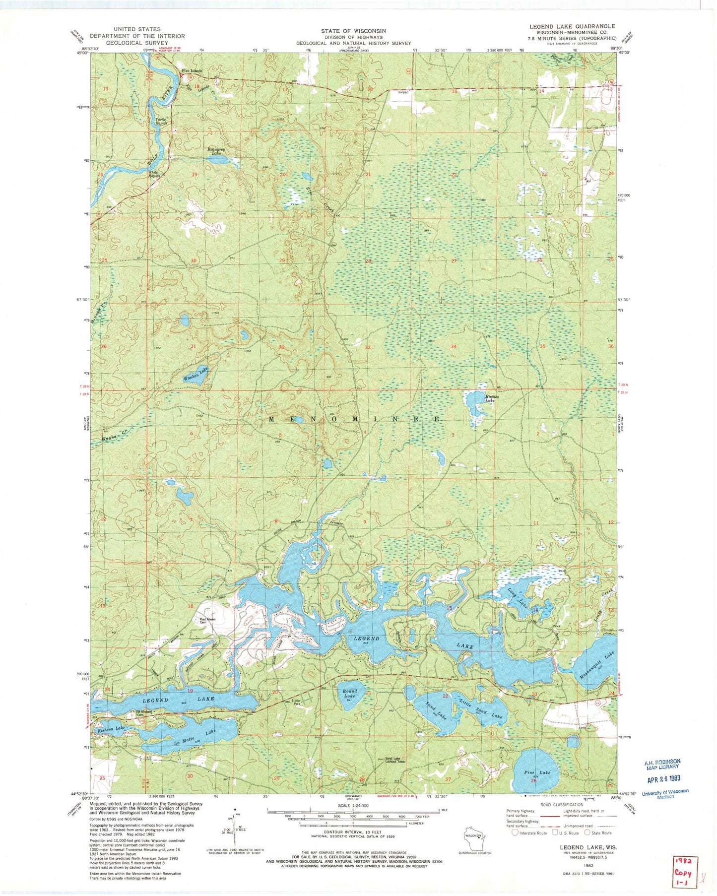 Classic USGS Legend Lake Wisconsin 7.5'x7.5' Topo Map Image