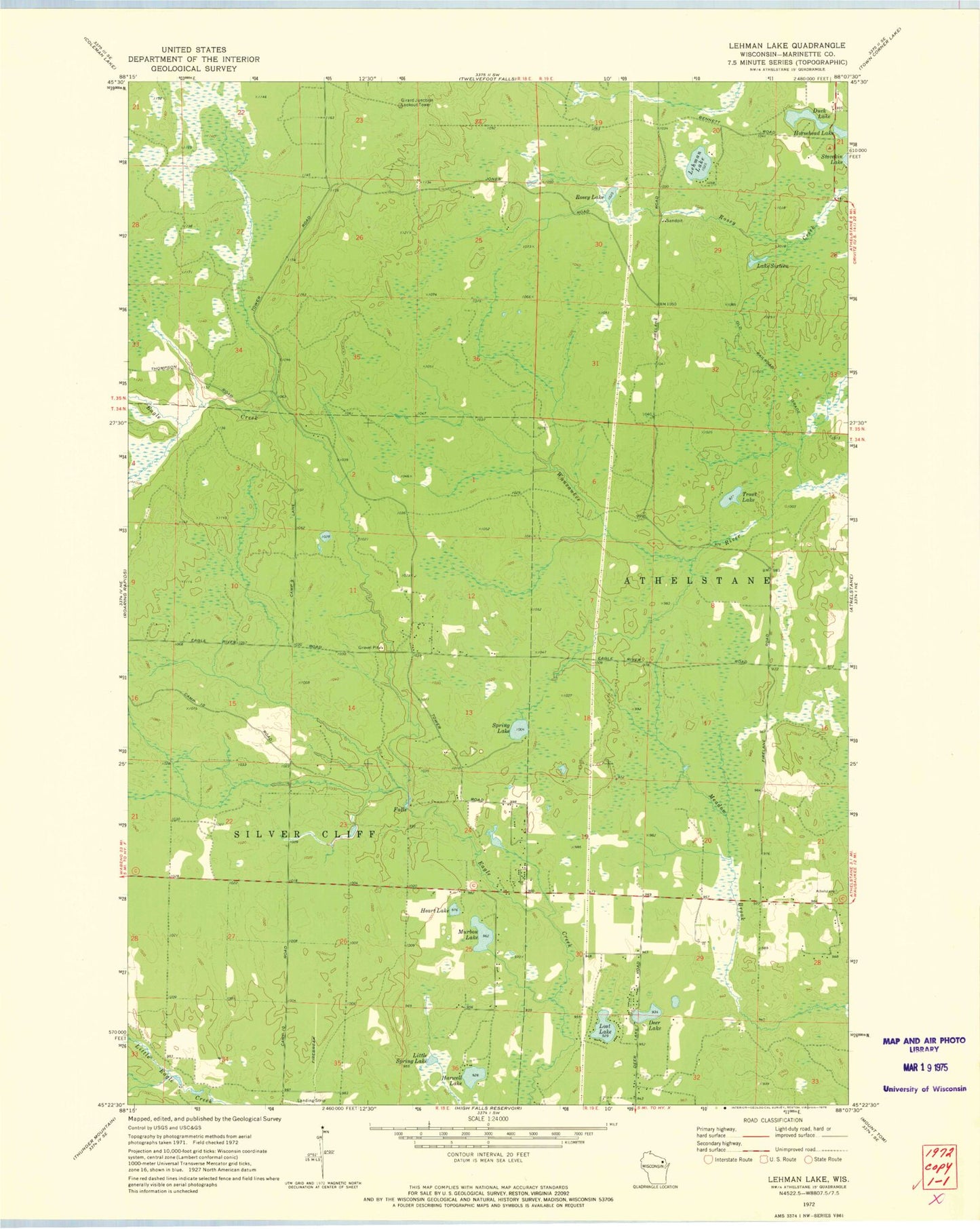 Classic USGS Lehman Lake Wisconsin 7.5'x7.5' Topo Map Image
