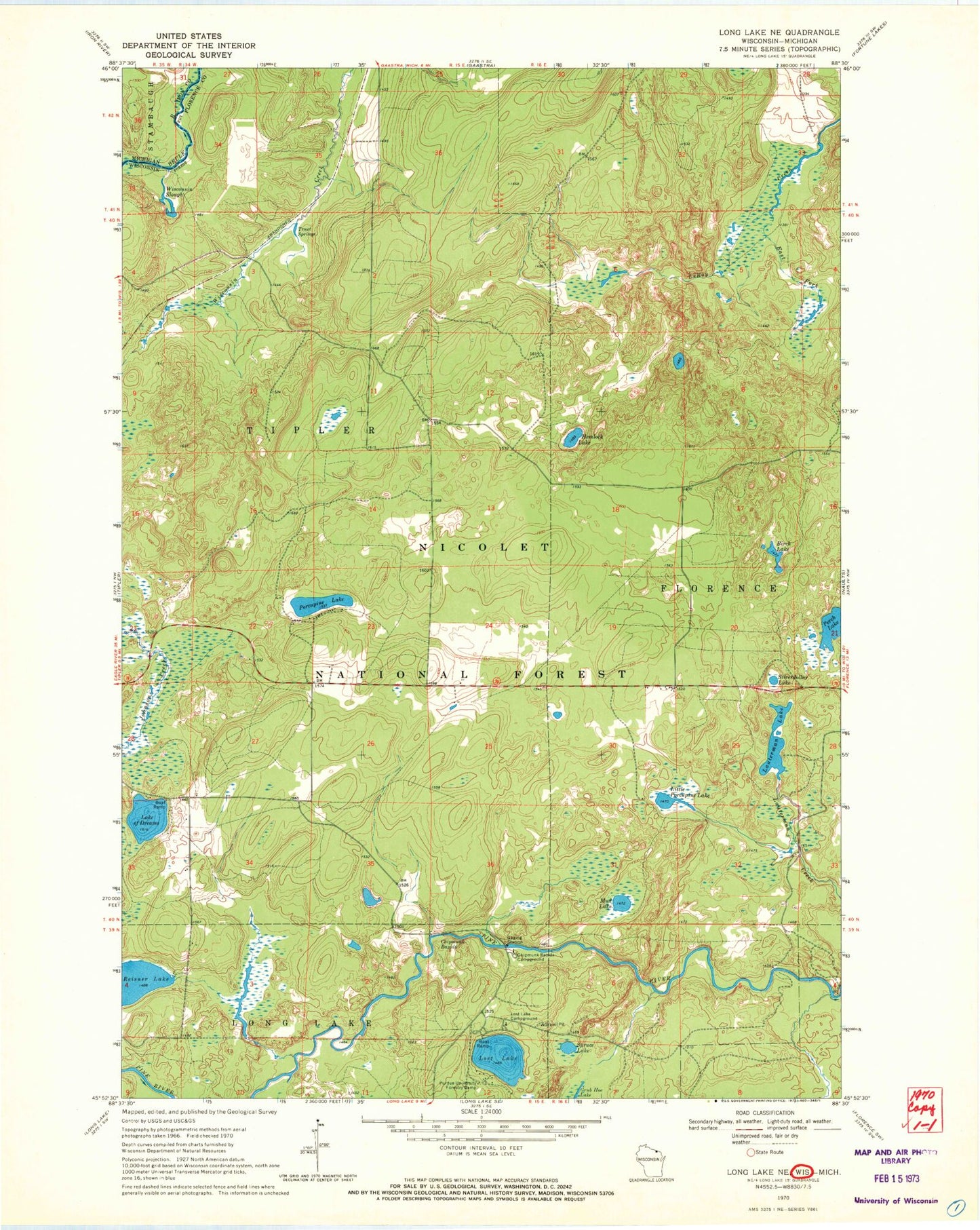 Classic USGS Long Lake NE Wisconsin 7.5'x7.5' Topo Map Image
