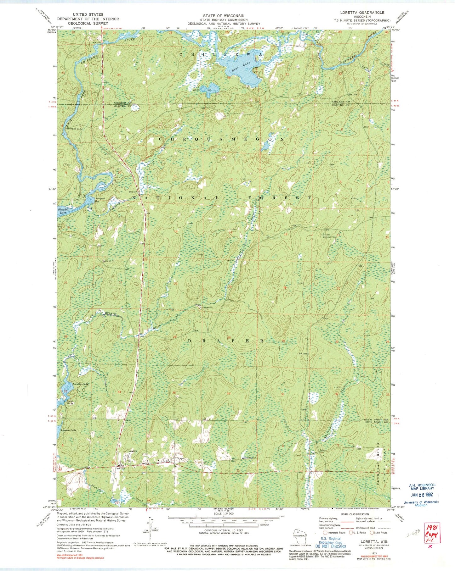 Classic USGS Loretta Wisconsin 7.5'x7.5' Topo Map Image