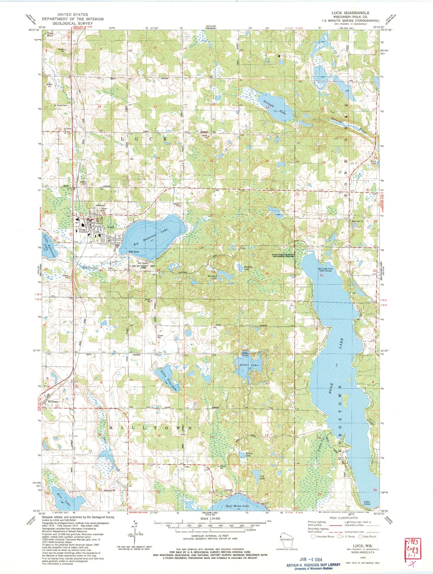 Classic USGS Luck Wisconsin 7.5'x7.5' Topo Map Image
