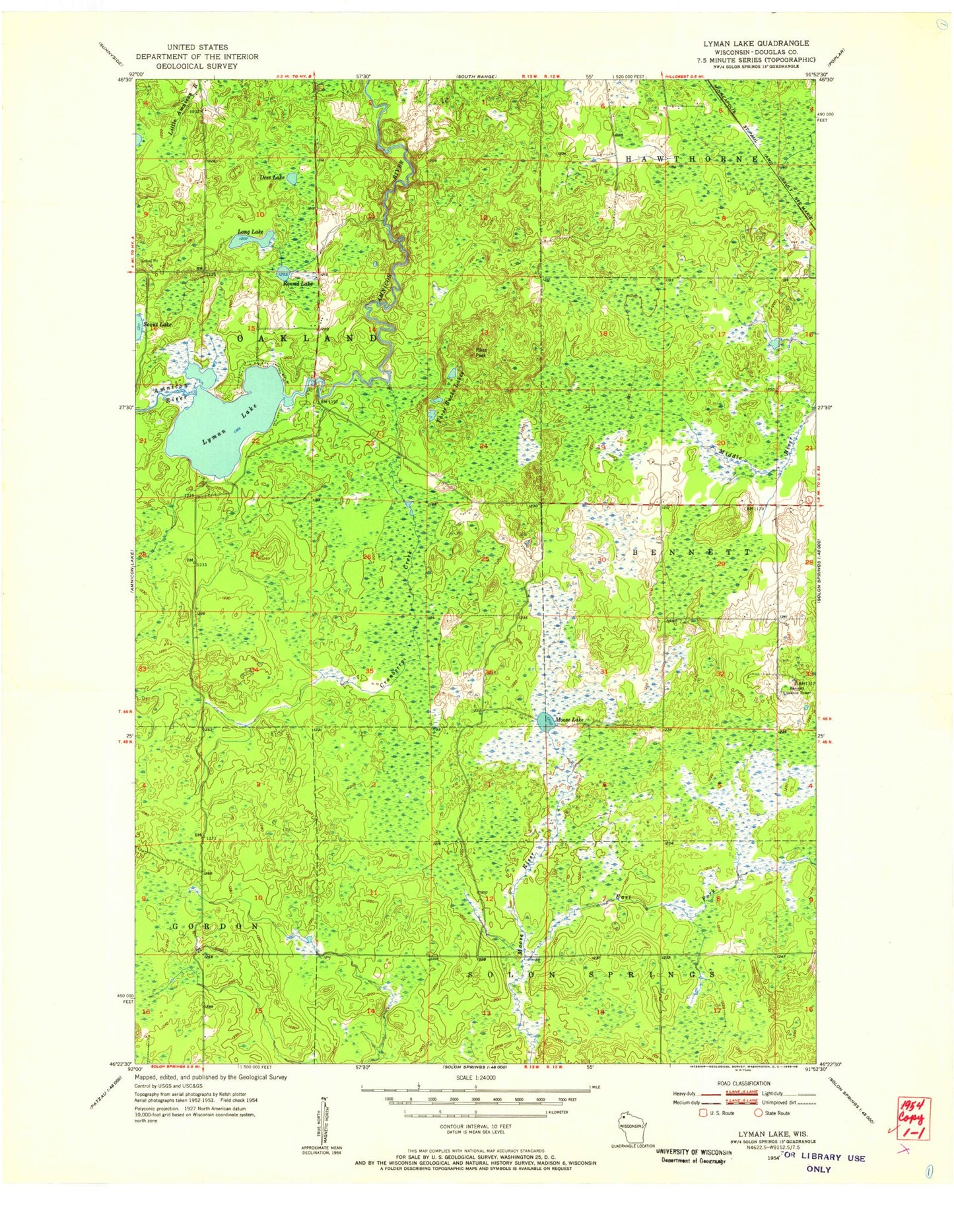 Classic USGS Lyman Lake Wisconsin 7.5'x7.5' Topo Map Image