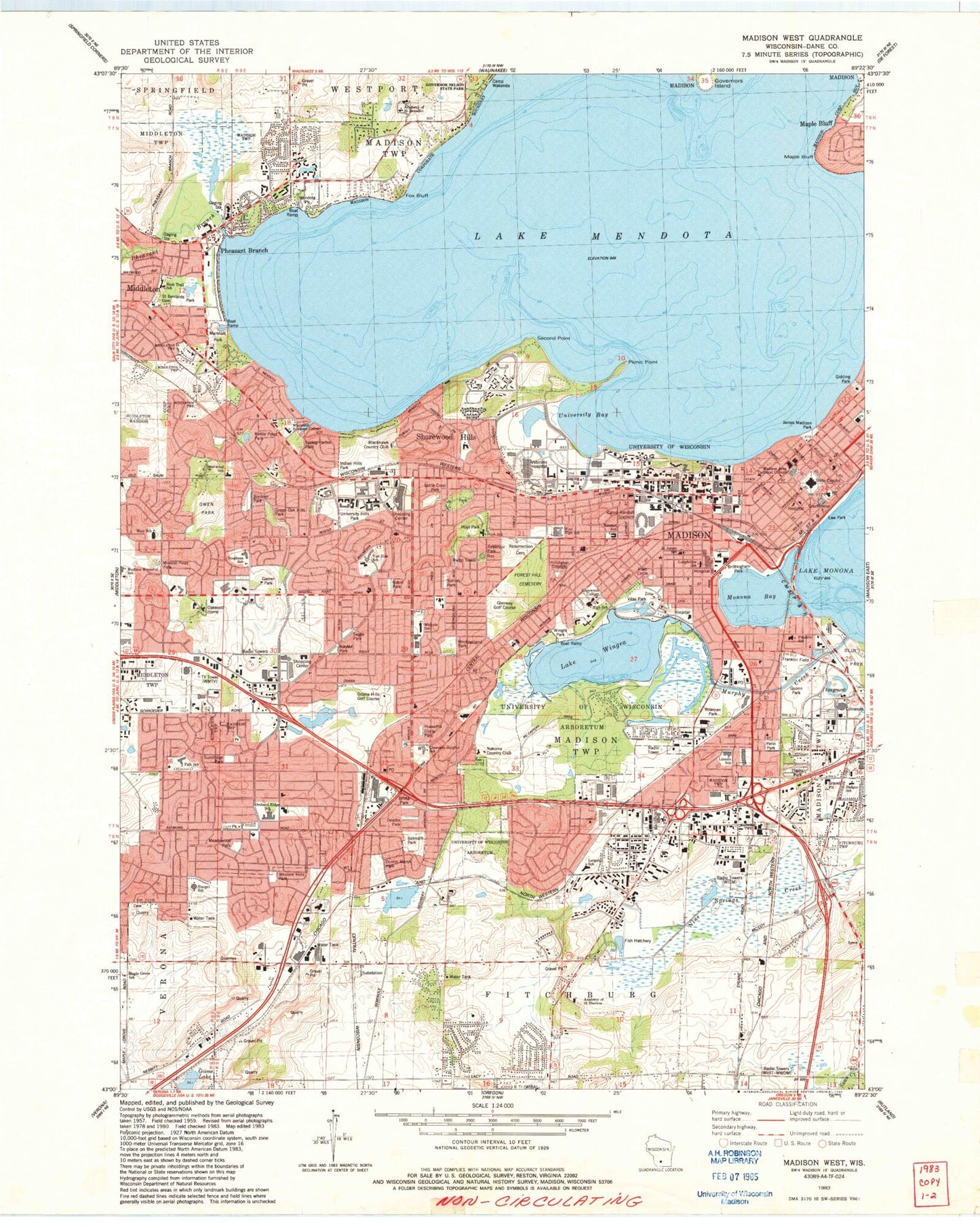 Classic USGS Madison West Wisconsin 7.5'x7.5' Topo Map Image