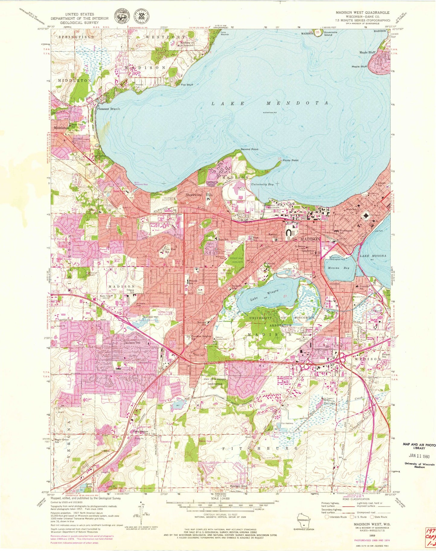 Classic USGS Madison West Wisconsin 7.5'x7.5' Topo Map Image