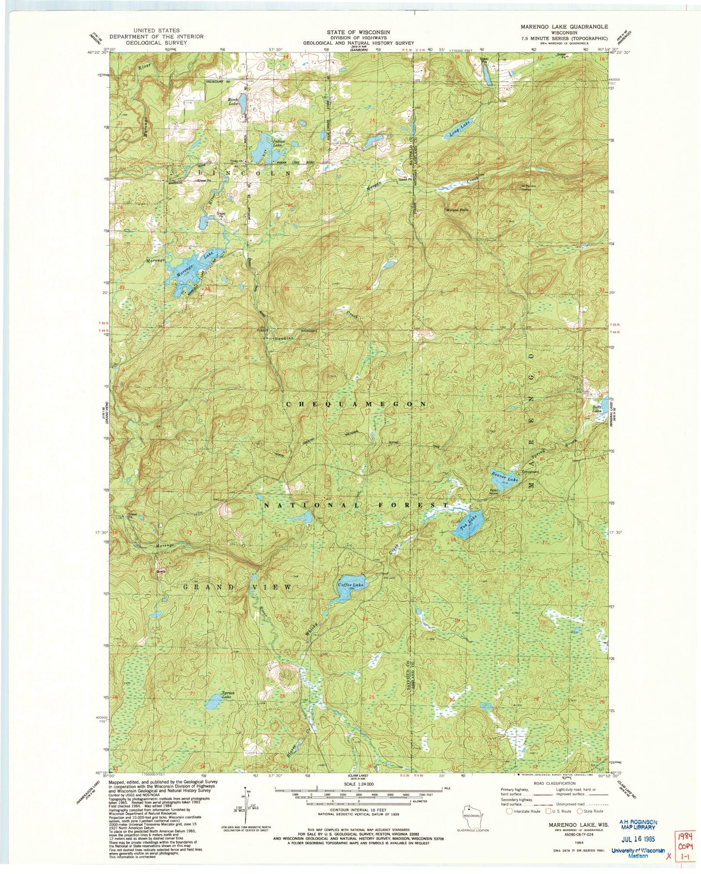 Classic USGS Marengo Lake Wisconsin 7.5'x7.5' Topo Map Image