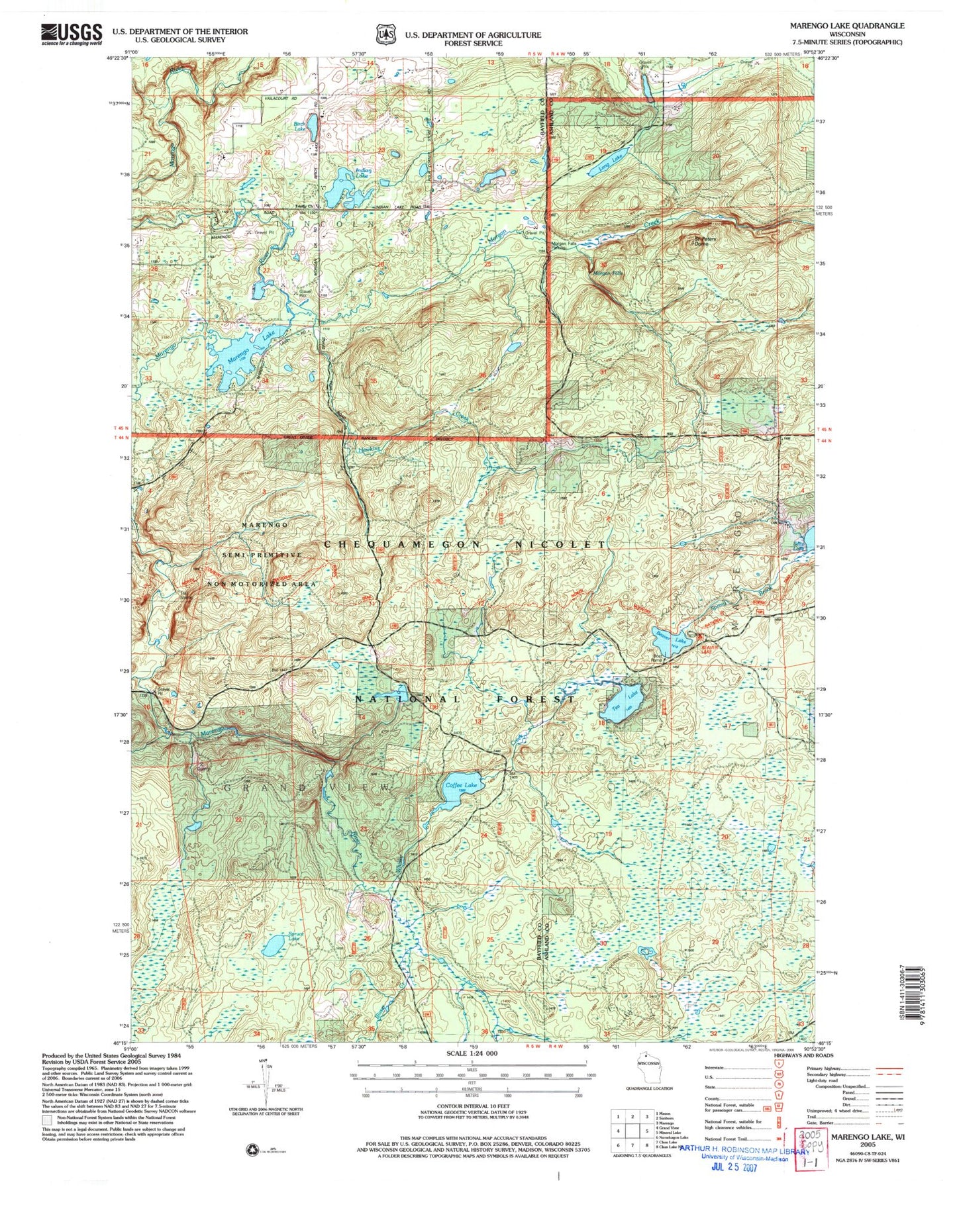 Classic USGS Marengo Lake Wisconsin 7.5'x7.5' Topo Map Image