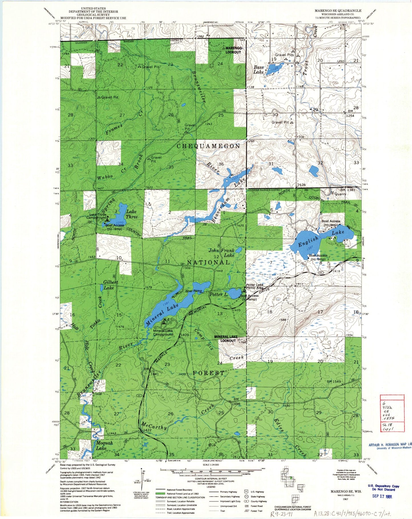 Classic USGS Mineral Lake Wisconsin 7.5'x7.5' Topo Map Image