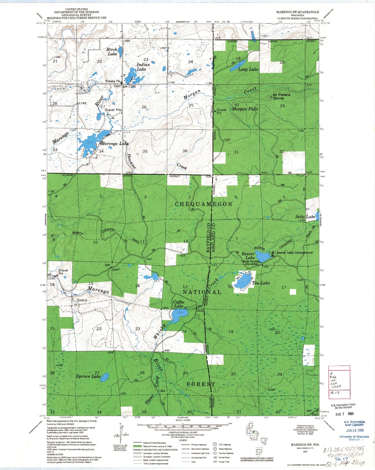 Classic USGS Marengo Lake Wisconsin 7.5'x7.5' Topo Map Image