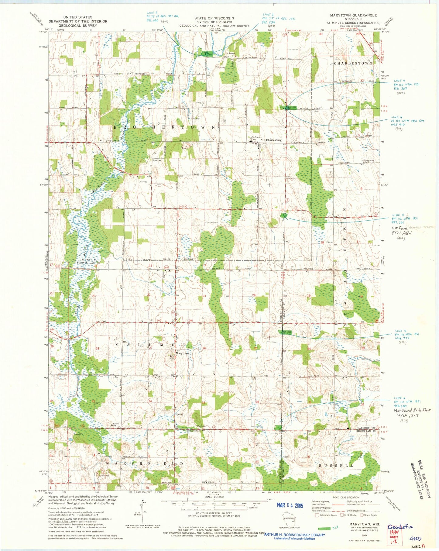 Classic USGS Marytown Wisconsin 7.5'x7.5' Topo Map Image