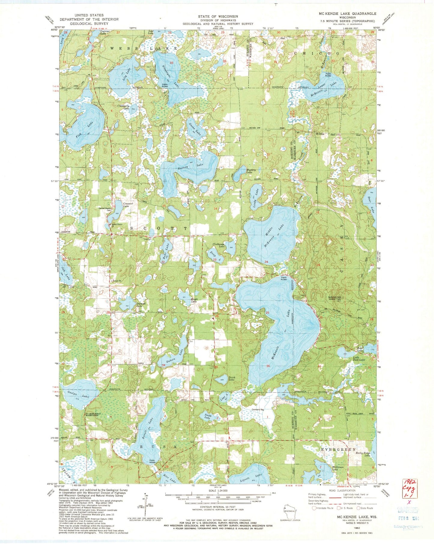 Classic USGS McKenzie Lake Wisconsin 7.5'x7.5' Topo Map Image