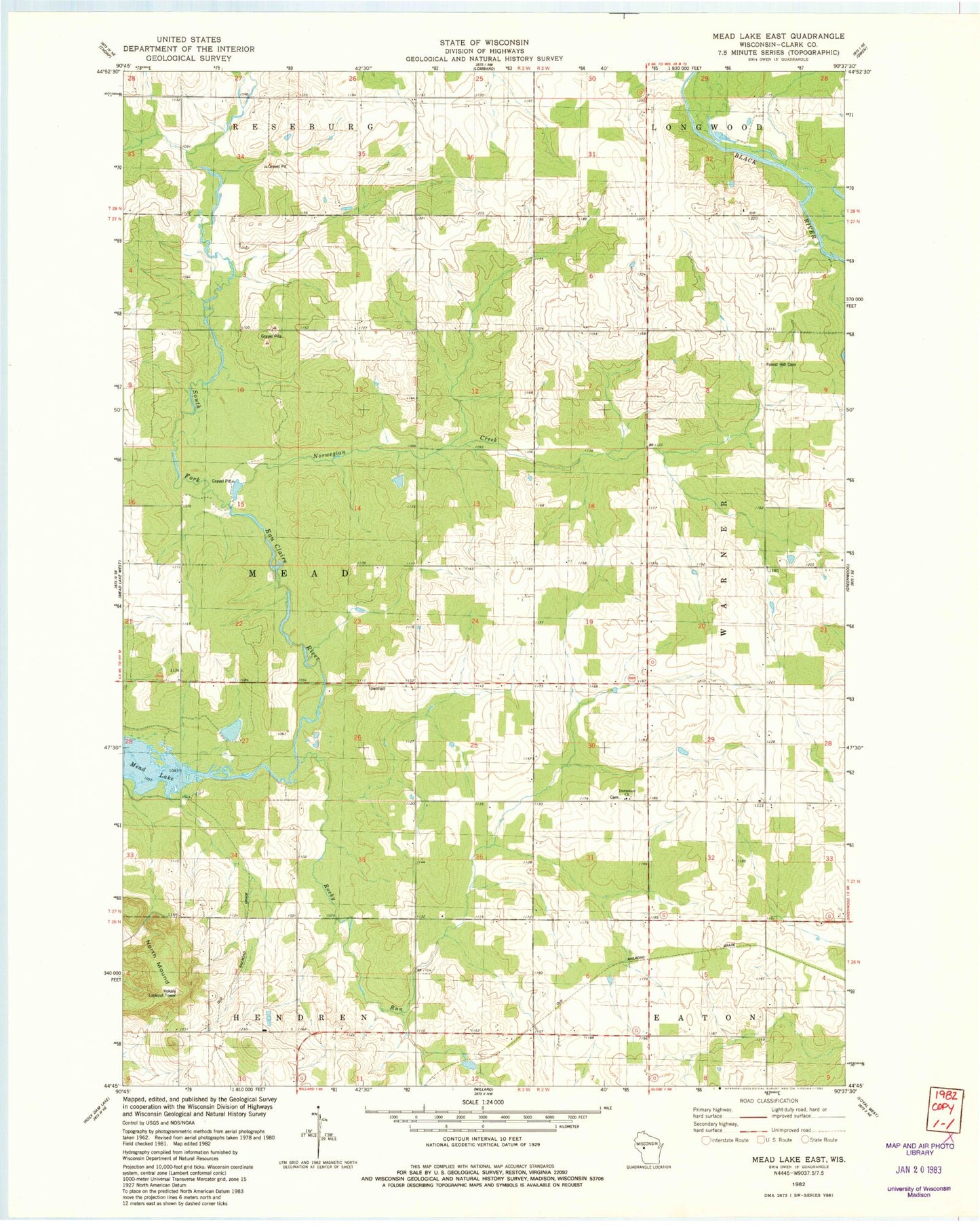 Classic USGS Mead Lake East Wisconsin 7.5'x7.5' Topo Map Image