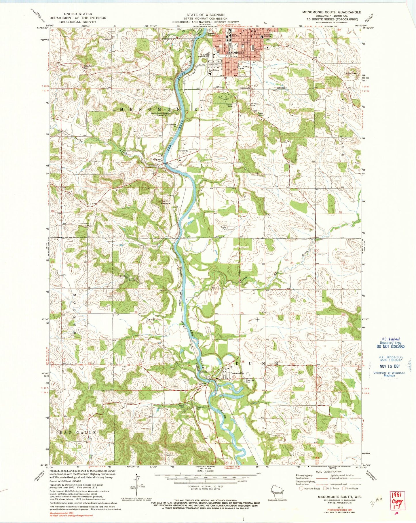 Classic USGS Menomonie South Wisconsin 7.5'x7.5' Topo Map Image