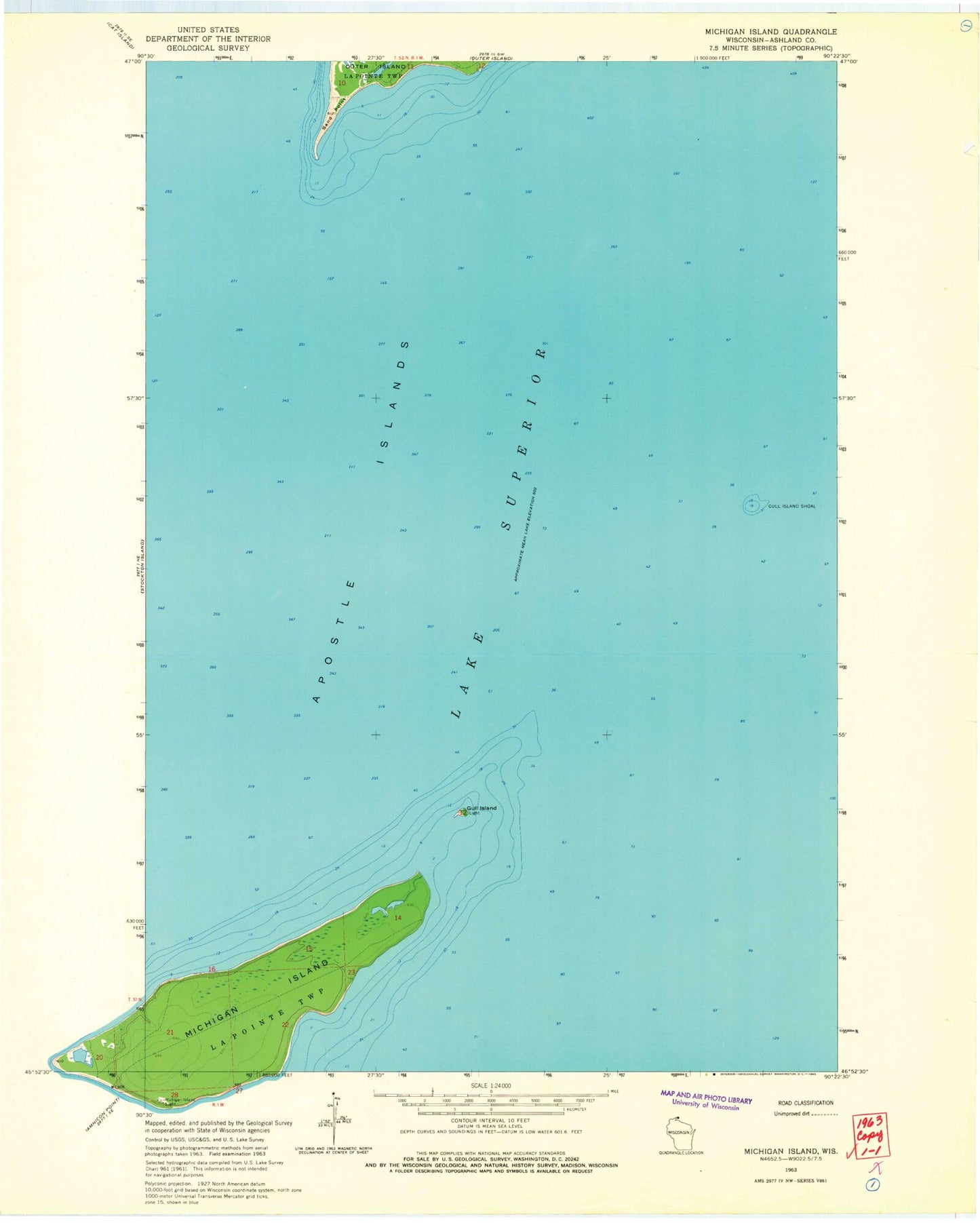 Classic USGS Michigan Island Wisconsin 7.5'x7.5' Topo Map Image