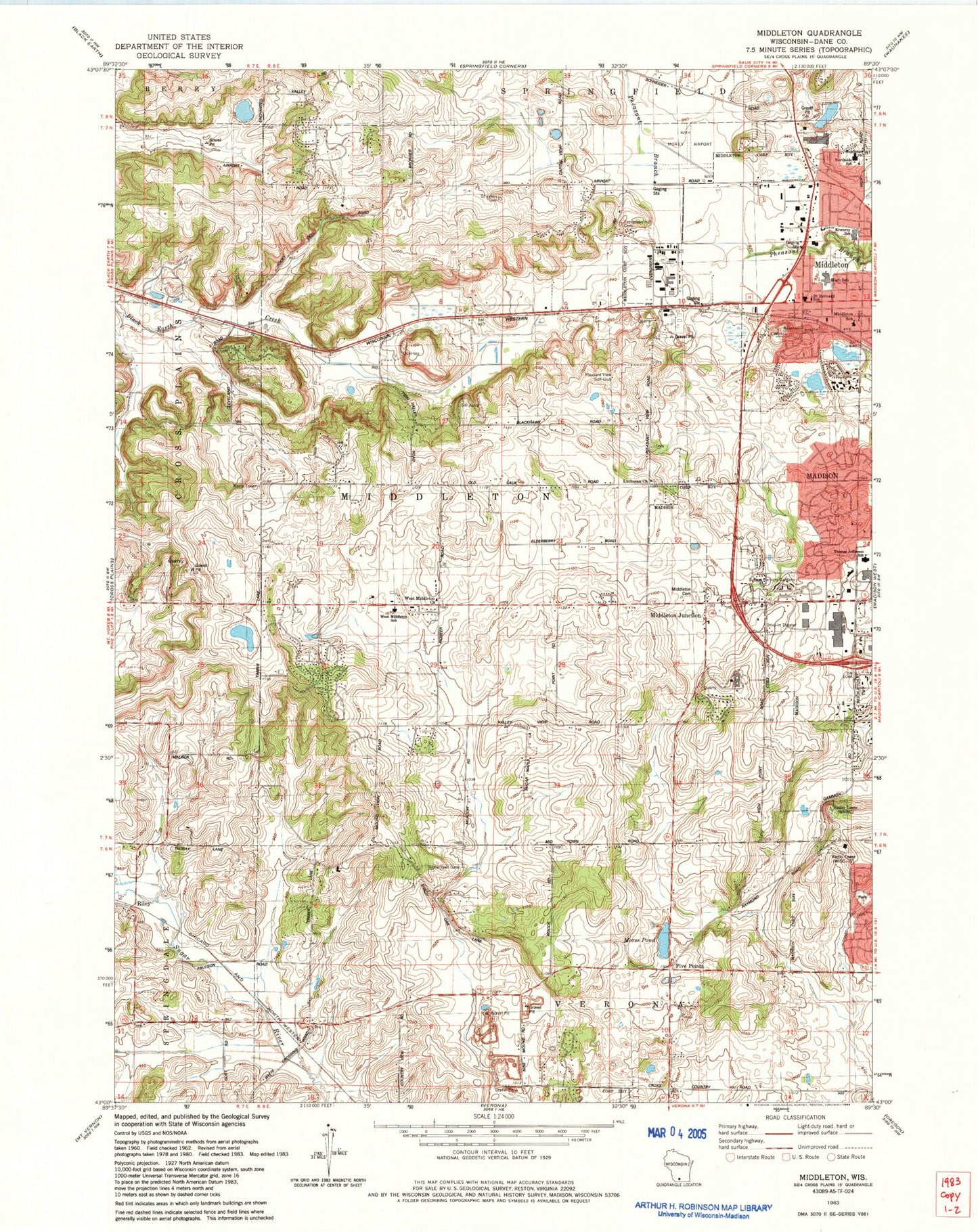 Classic USGS Middleton Wisconsin 7.5'x7.5' Topo Map Image