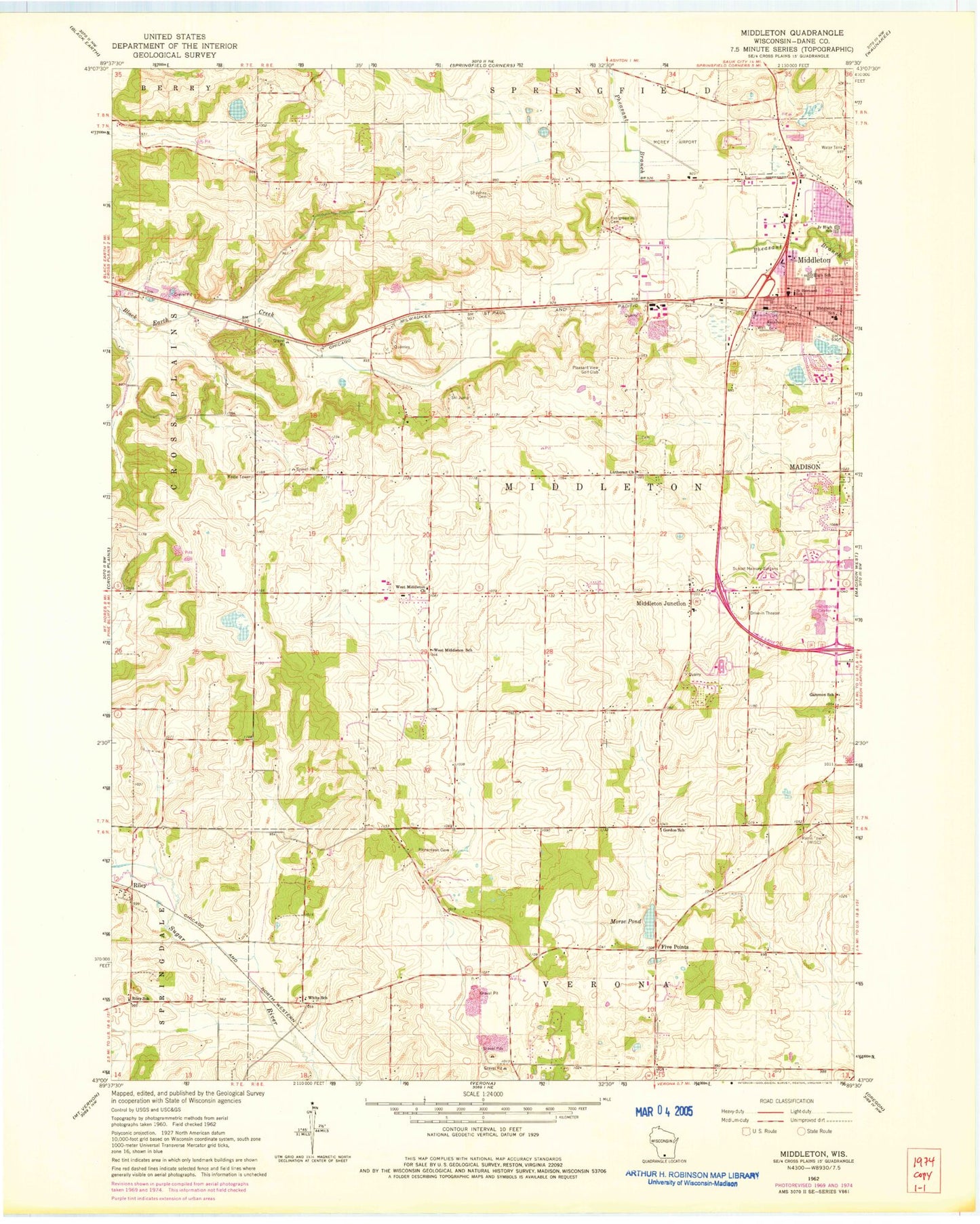 Classic USGS Middleton Wisconsin 7.5'x7.5' Topo Map Image