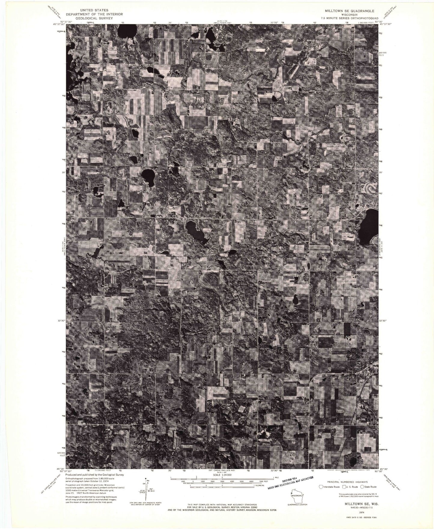 Classic USGS Milltown Wisconsin 7.5'x7.5' Topo Map Image