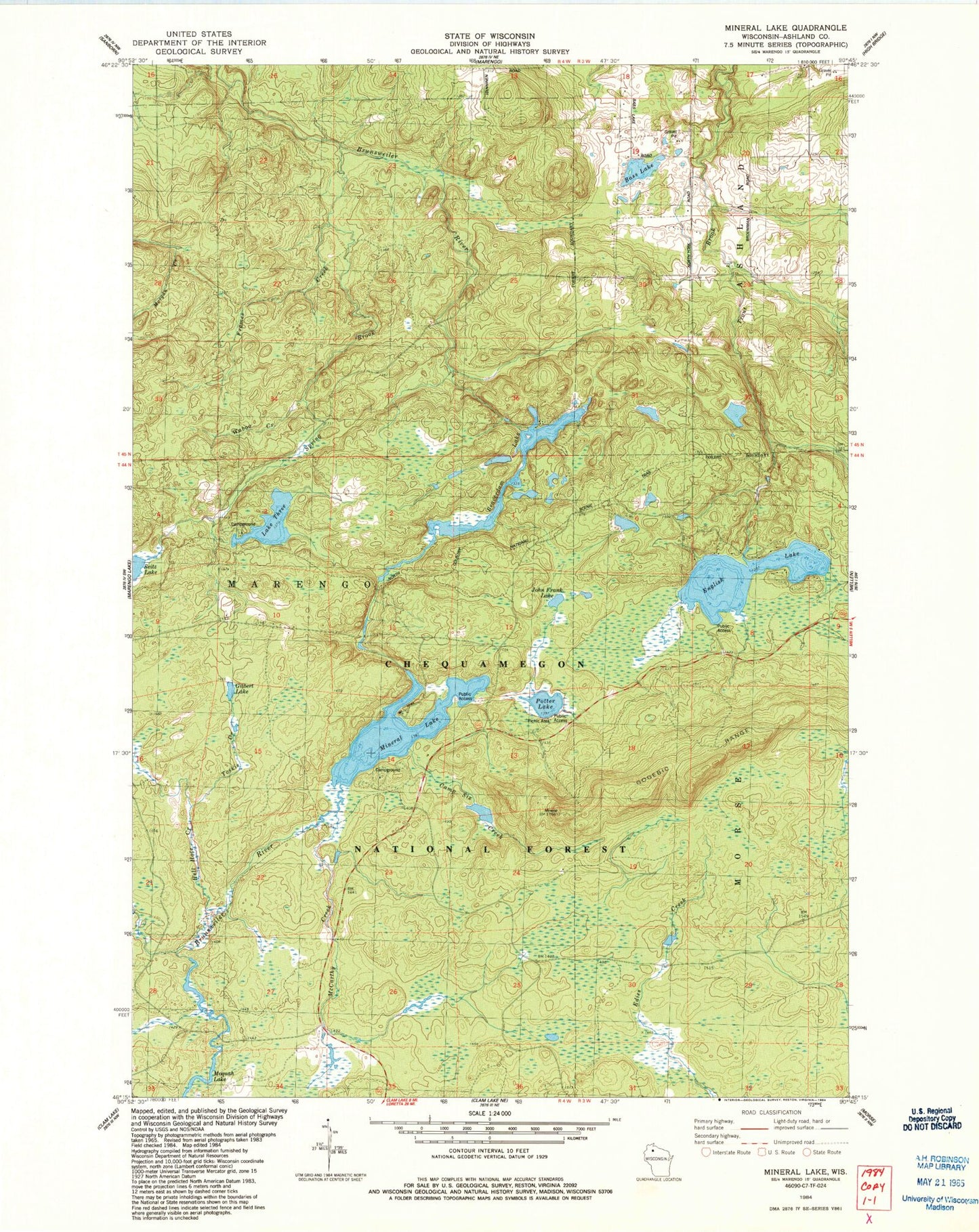 Classic USGS Mineral Lake Wisconsin 7.5'x7.5' Topo Map Image