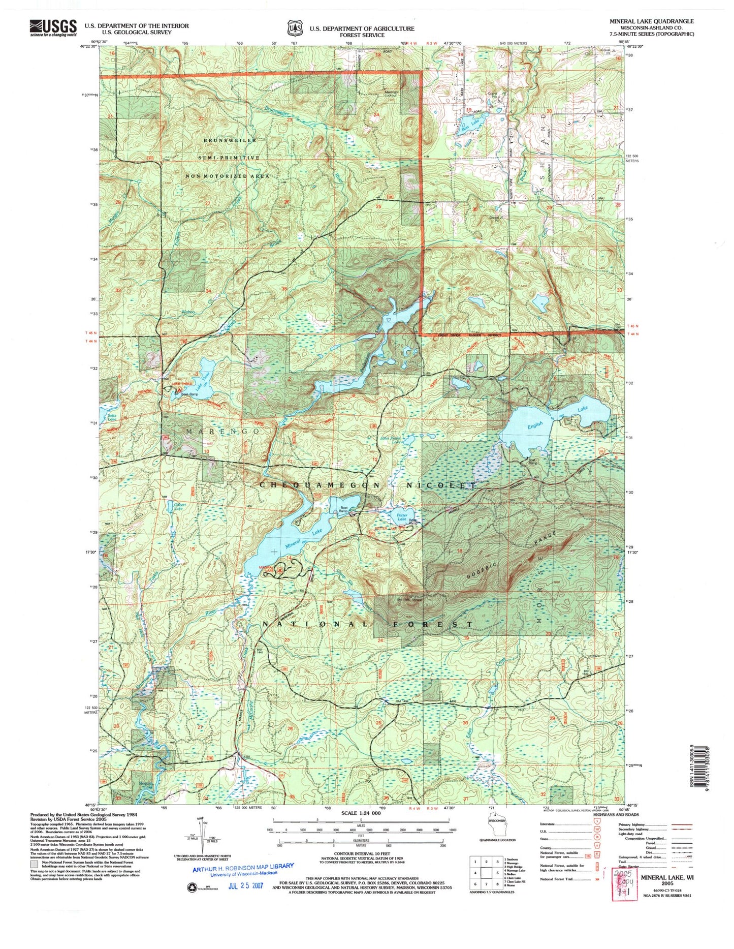 Classic USGS Mineral Lake Wisconsin 7.5'x7.5' Topo Map Image