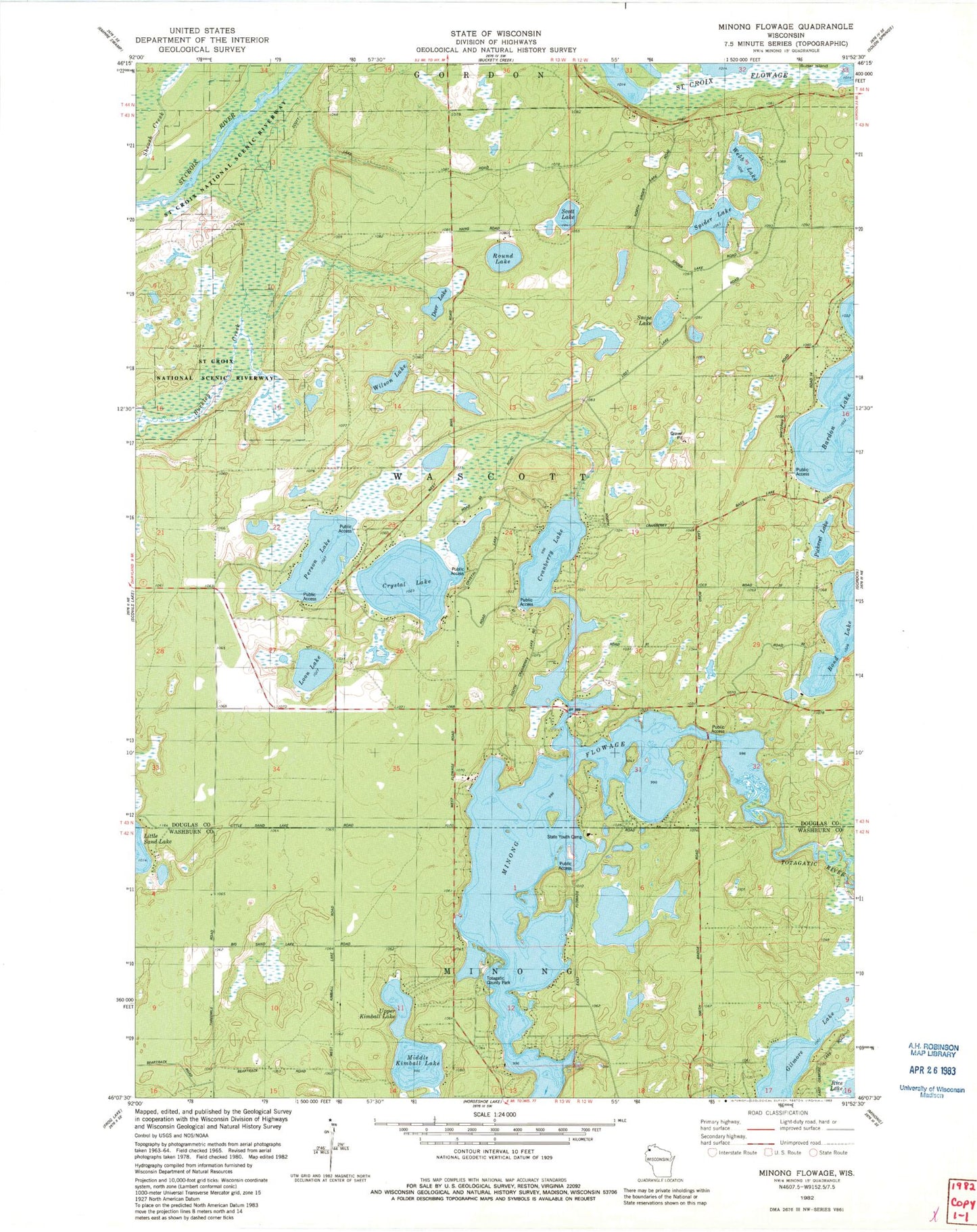 Classic USGS Minong Flowage Wisconsin 7.5'x7.5' Topo Map Image