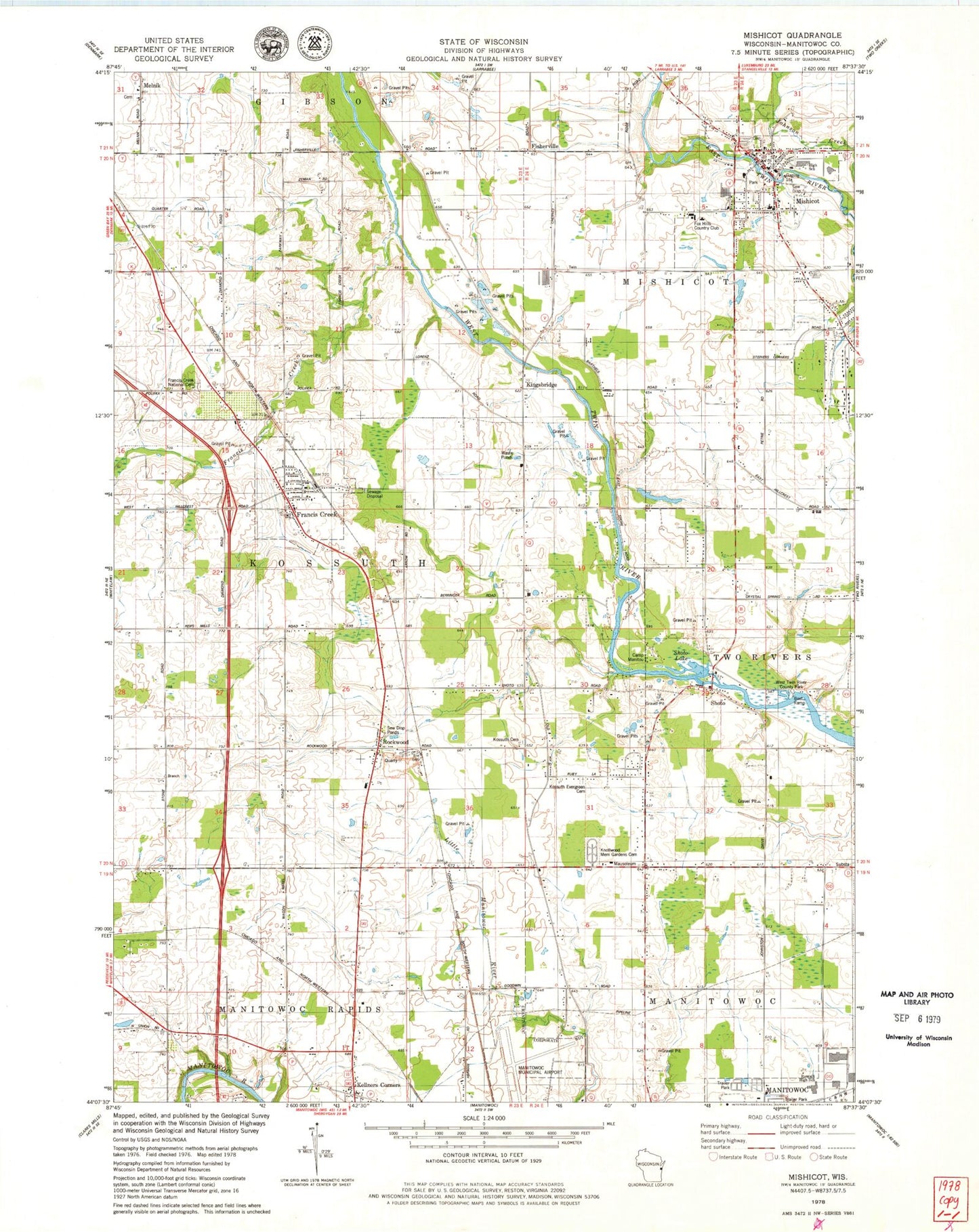 Classic USGS Mishicot Wisconsin 7.5'x7.5' Topo Map Image