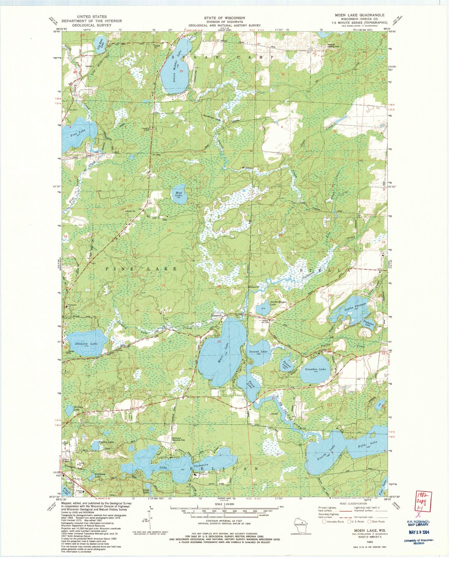 Classic USGS Moen Lake Wisconsin 7.5'x7.5' Topo Map Image