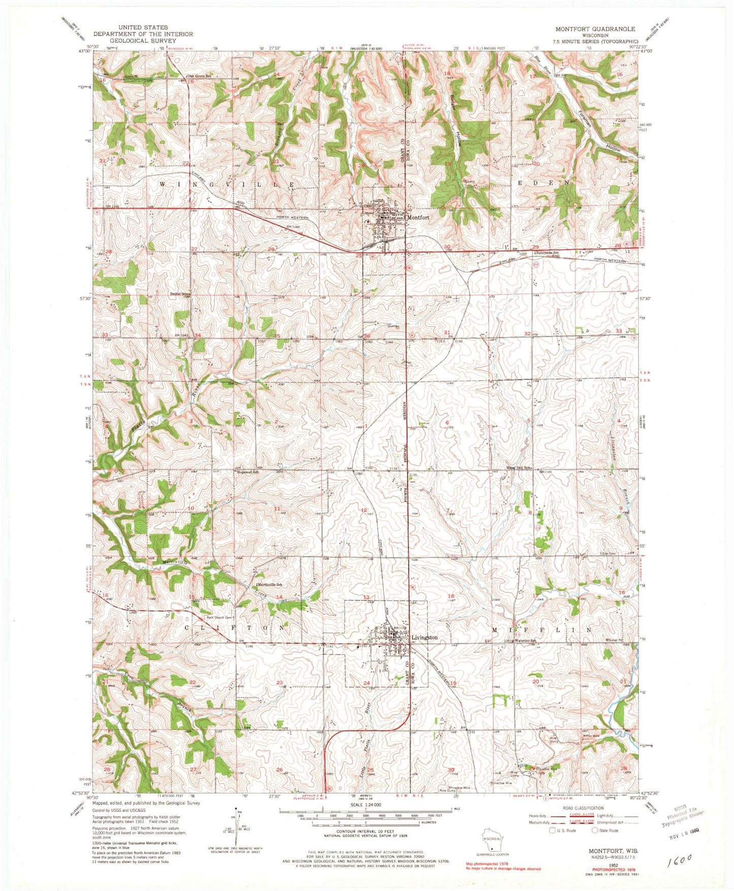 Classic USGS Montfort Wisconsin 7.5'x7.5' Topo Map Image