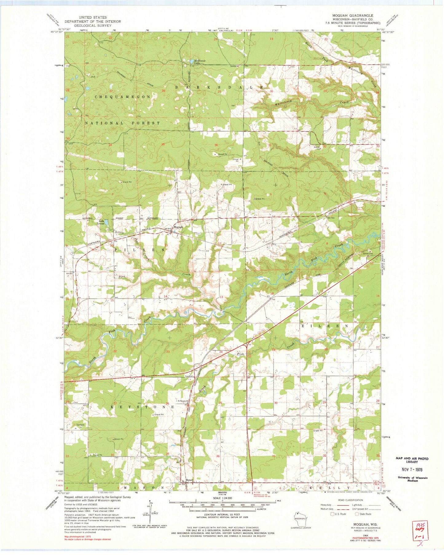 Classic USGS Moquah Wisconsin 7.5'x7.5' Topo Map Image