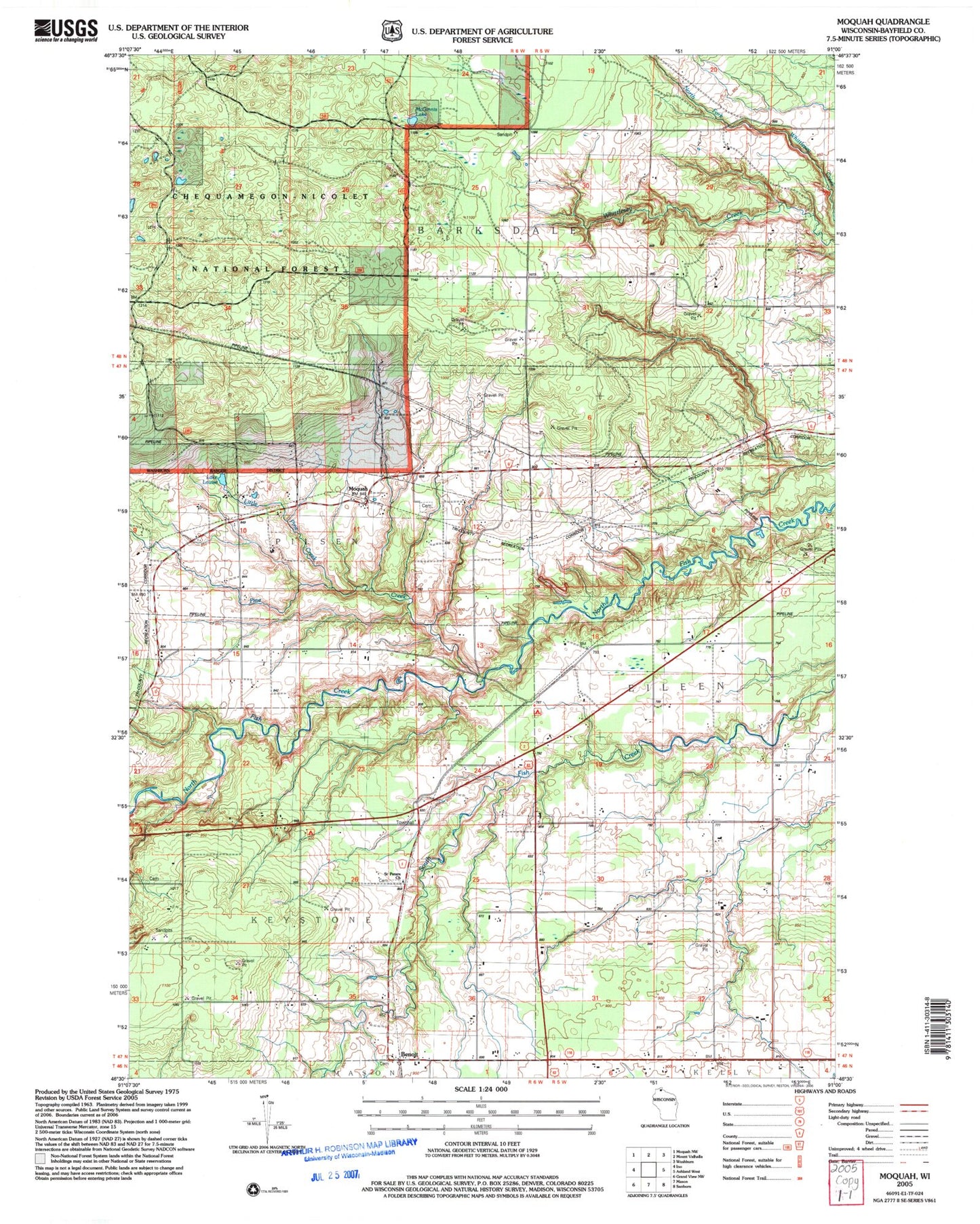 Classic USGS Moquah Wisconsin 7.5'x7.5' Topo Map Image