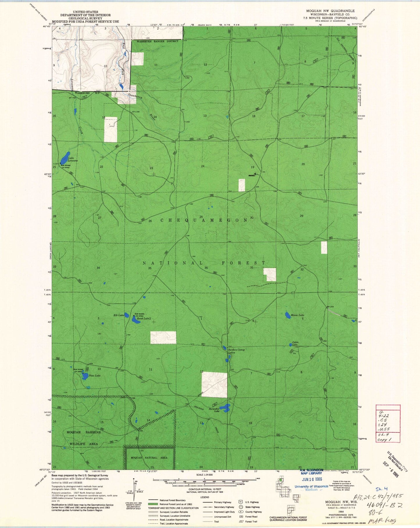 Classic USGS Moquah NW Wisconsin 7.5'x7.5' Topo Map Image