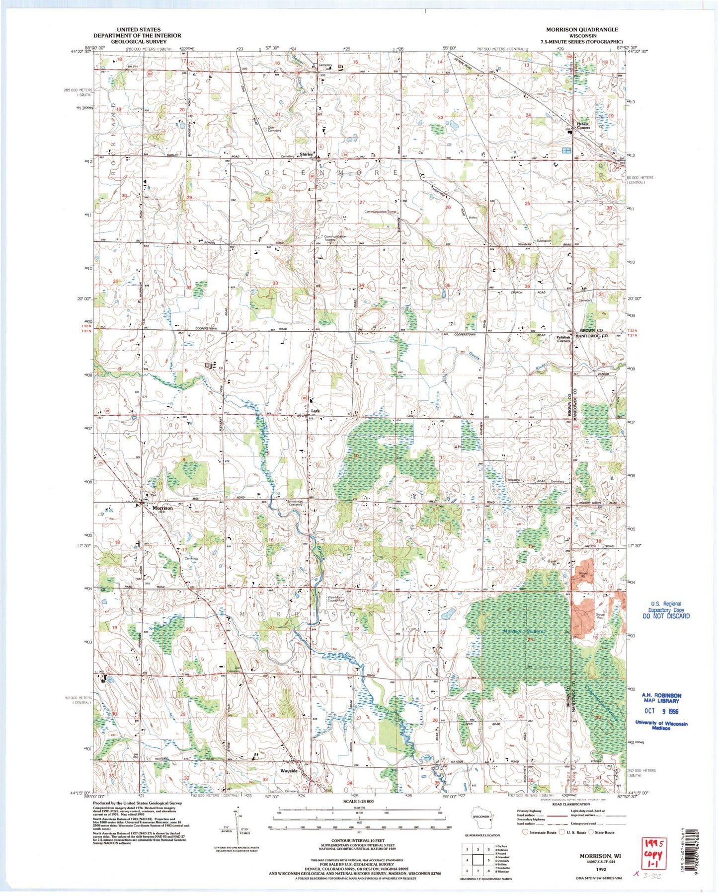 Classic USGS Morrison Wisconsin 7.5'x7.5' Topo Map Image