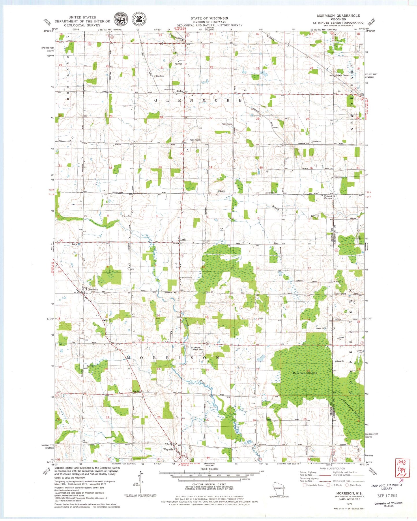 Classic USGS Morrison Wisconsin 7.5'x7.5' Topo Map Image