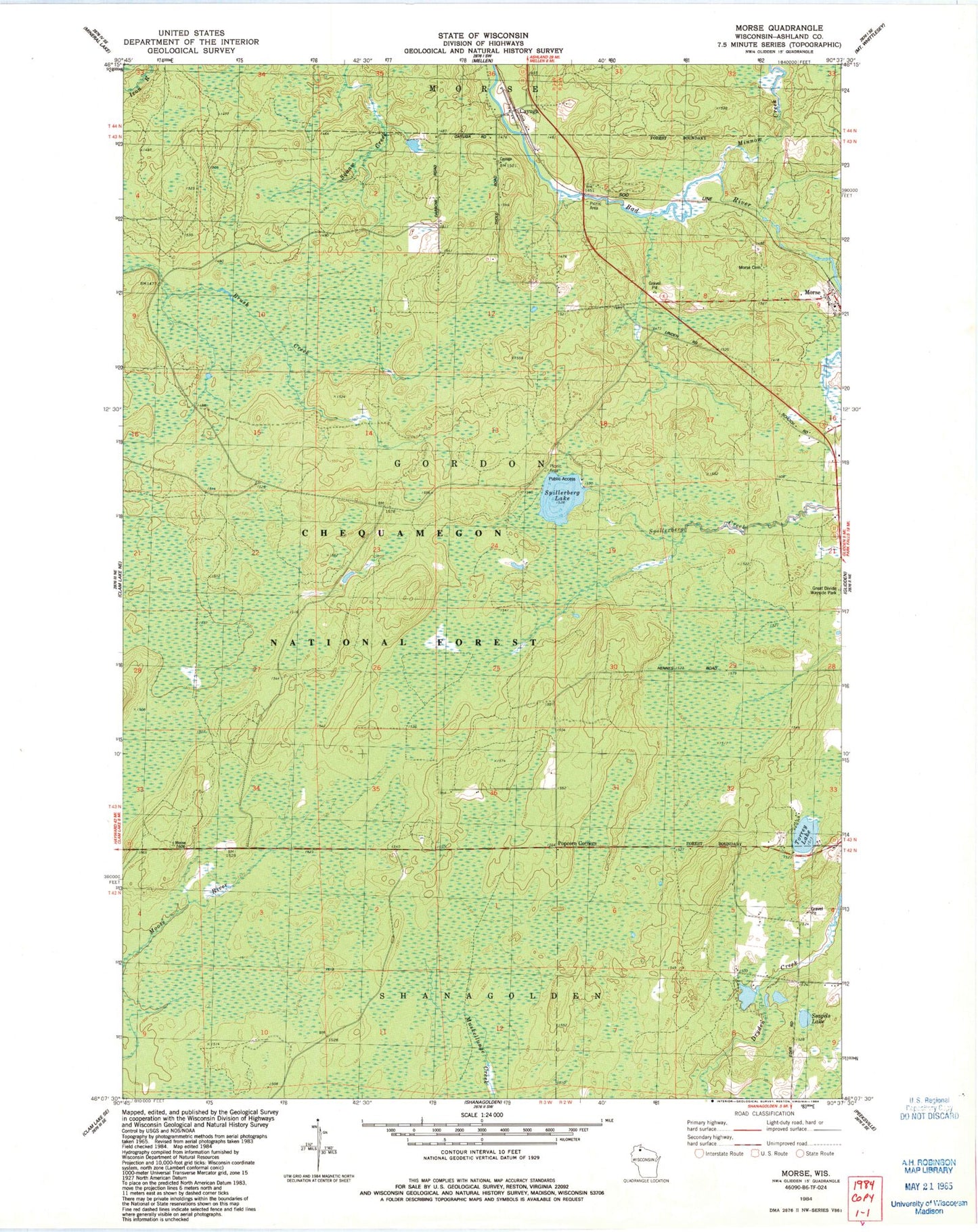 Classic USGS Morse Wisconsin 7.5'x7.5' Topo Map Image