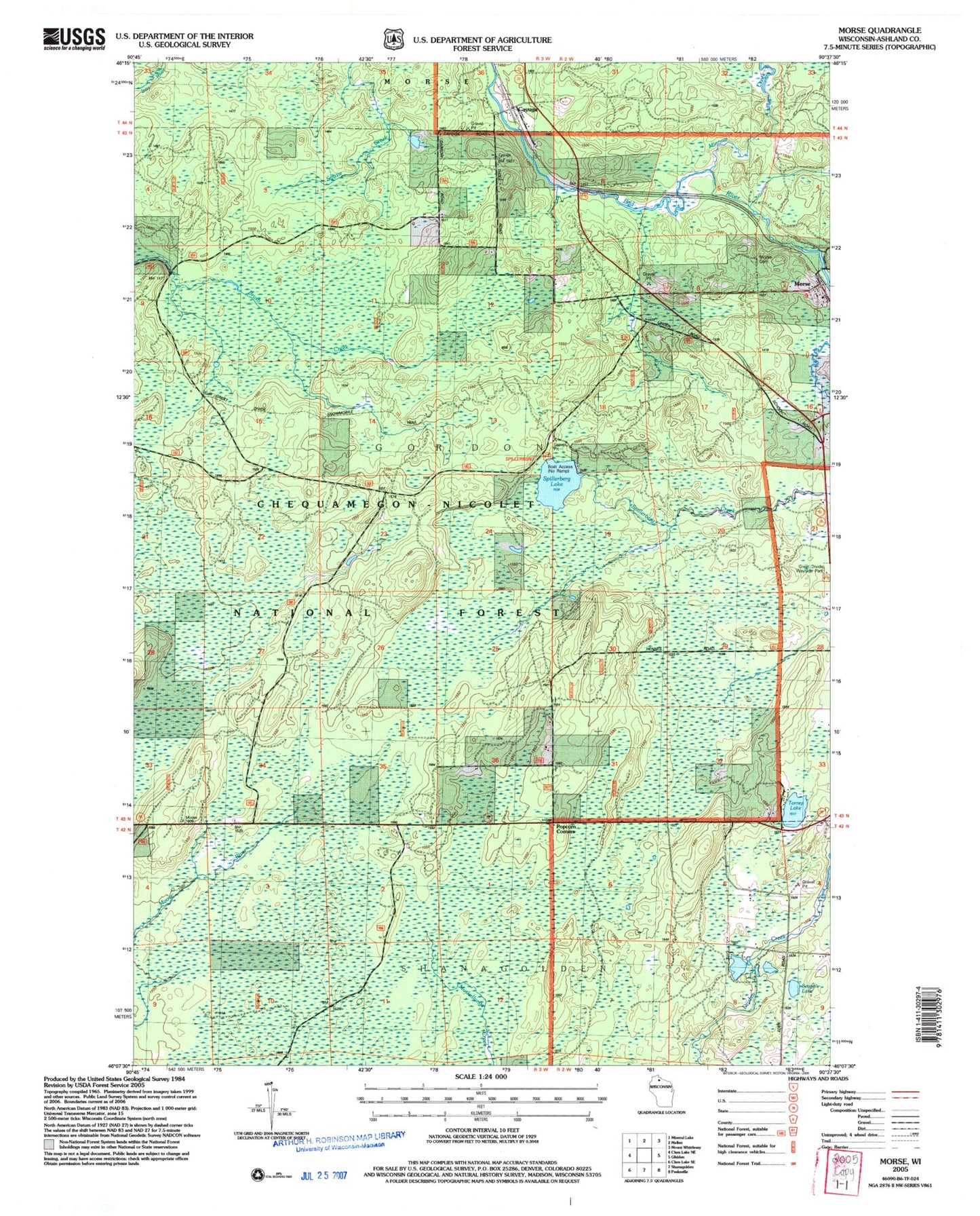 Classic USGS Morse Wisconsin 7.5'x7.5' Topo Map Image