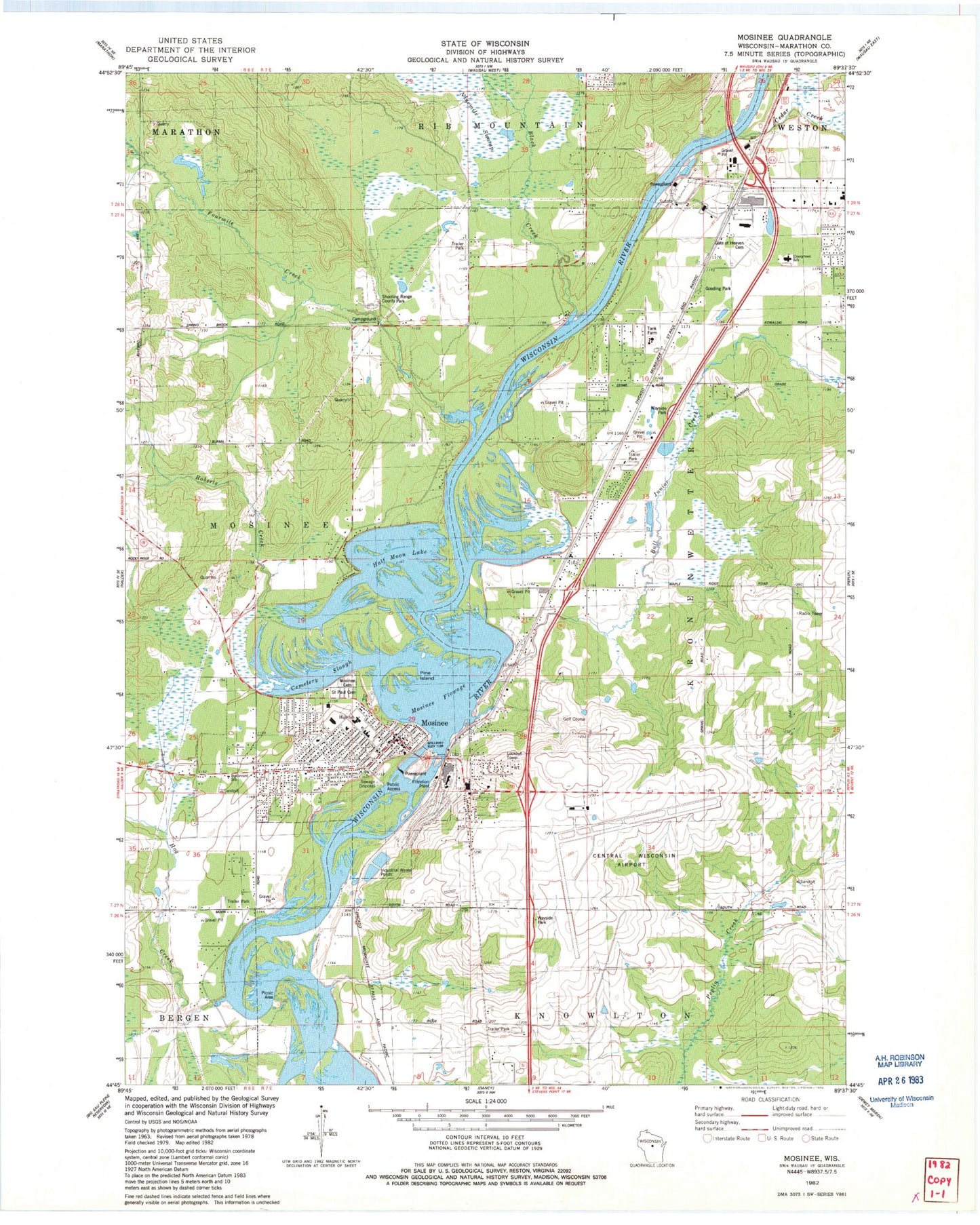 Classic USGS Mosinee Wisconsin 7.5'x7.5' Topo Map Image