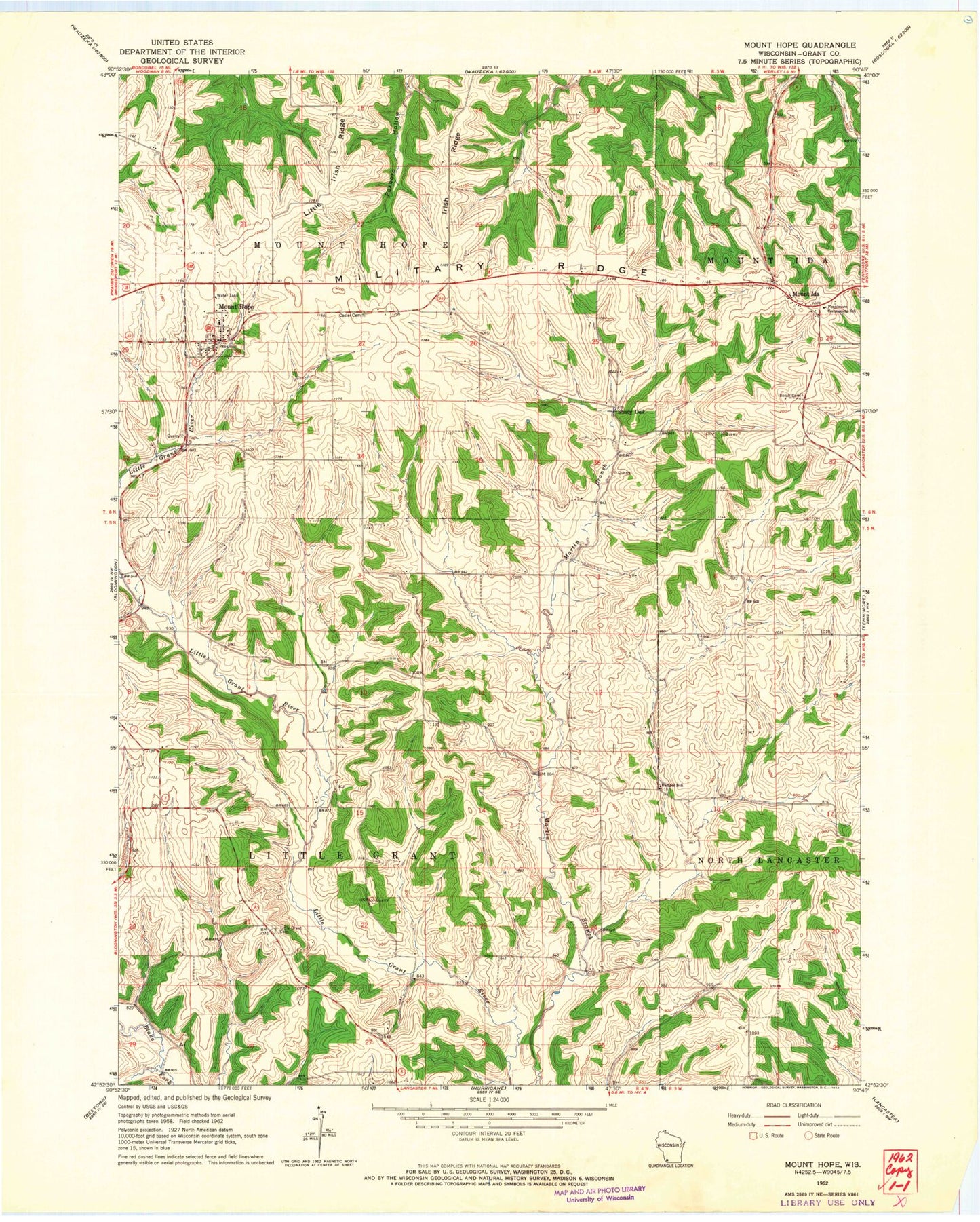 Classic USGS Mount Hope Wisconsin 7.5'x7.5' Topo Map Image